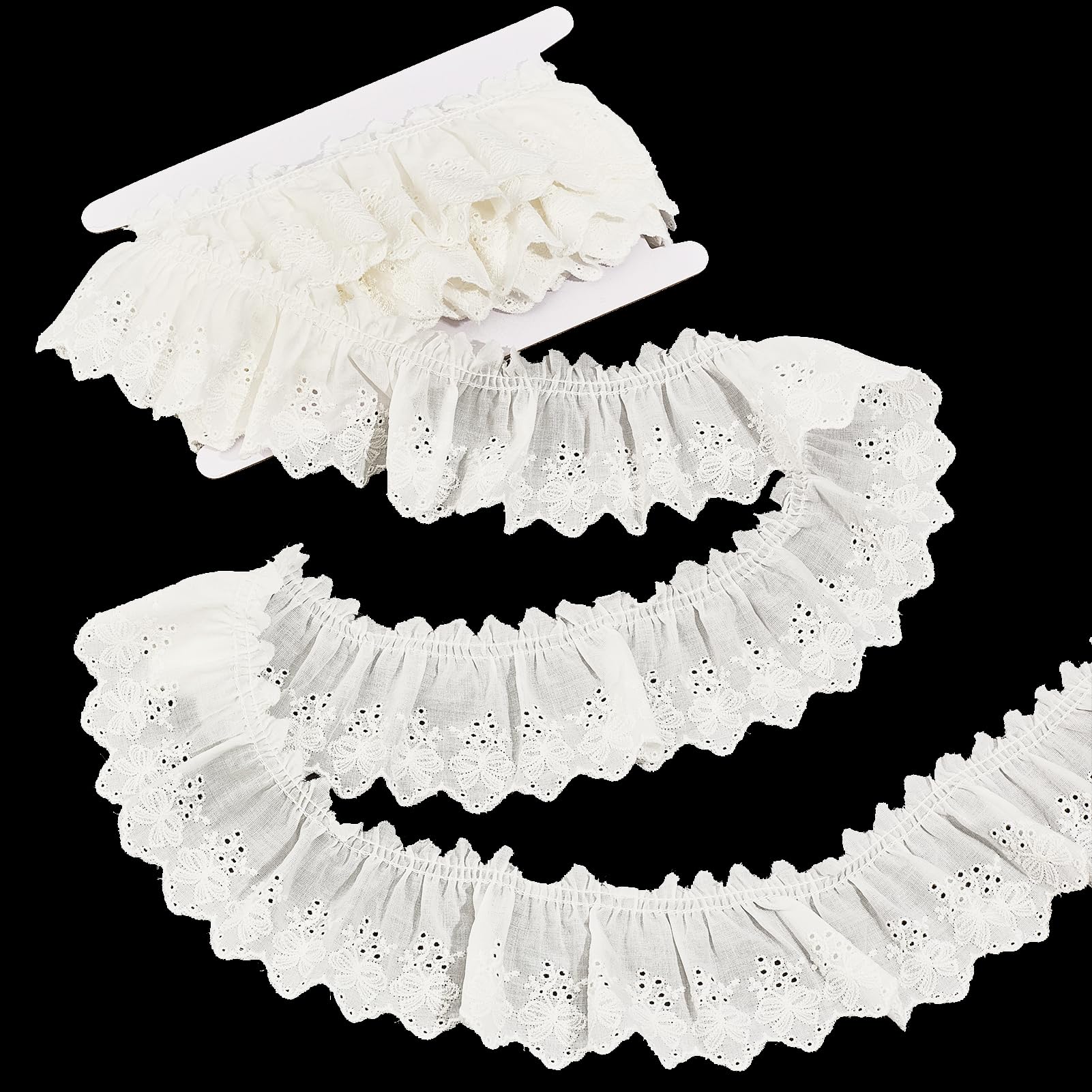 letsinstyle 5 Yards Beige Eyelet Cotton Ruffle Lace Trim, 5.5 Inch Wide Flower Ruffled Lace Edge Ribbon, Wavy Edginig Trims for Cuffs Skirt Dress Sewing DIY Material