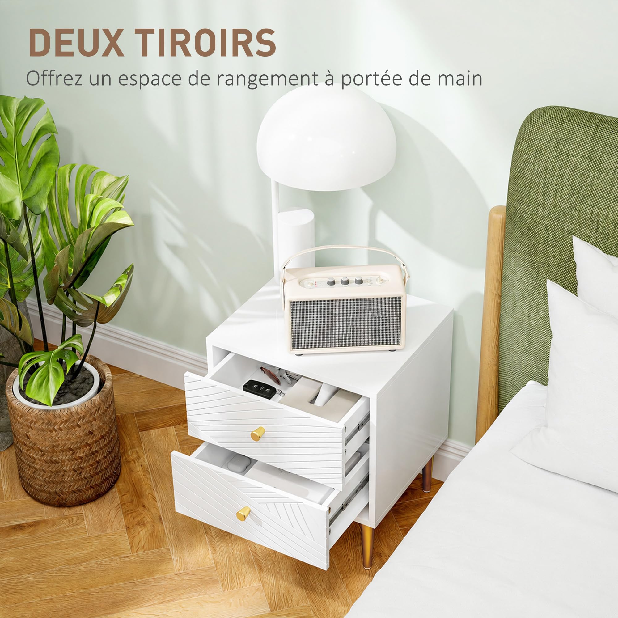 HOMCOM Table de Chevet avec 2 Tiroirs Pieds en Acier 40 x 35 x 50 cm Blanc