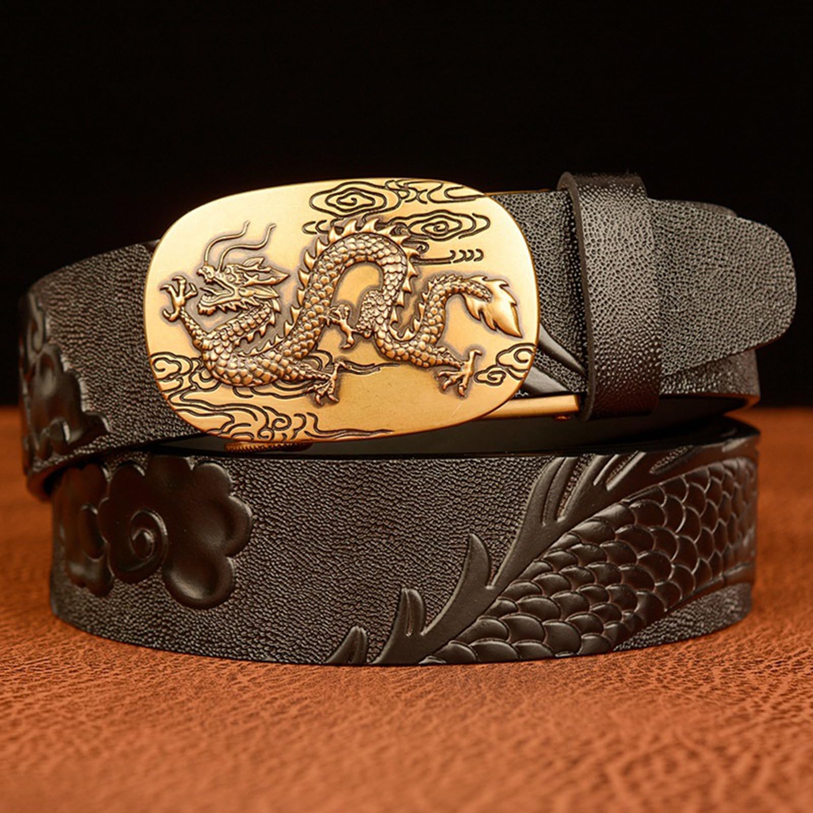 Cinturón De Vestir De Carraca para Hombre Hebilla Automática Deslizante Dragón Tallado Occidental En Relieve Cuero De Vaca De Grano Completo Correa De Grueso(120cm/47, Dragon-I)