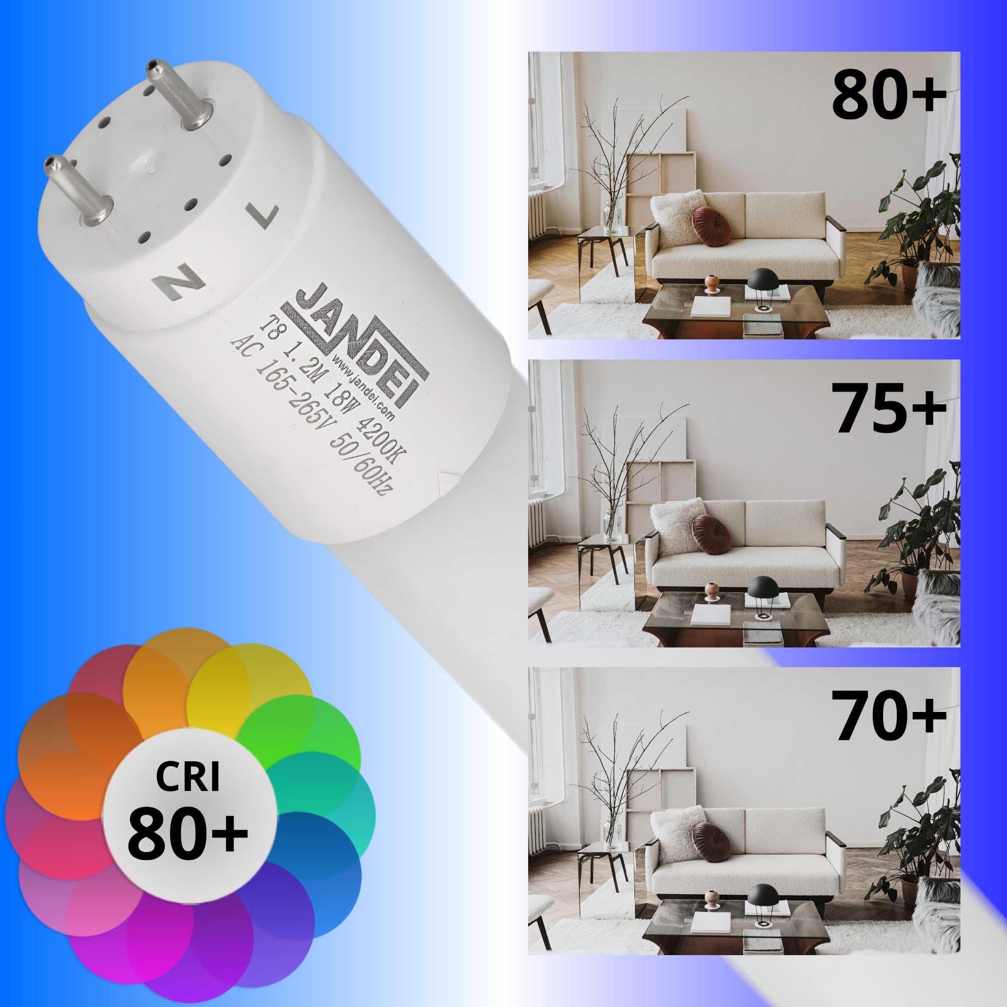 Jandei - Lot de 10 tubes LED 120 cm 18 W, blanc froid 6 000 K, 2520 lumens, connecteur standard T8 G13, remplace néon fluorescent 36 W, starter LED inclus, connexion 1 côté
