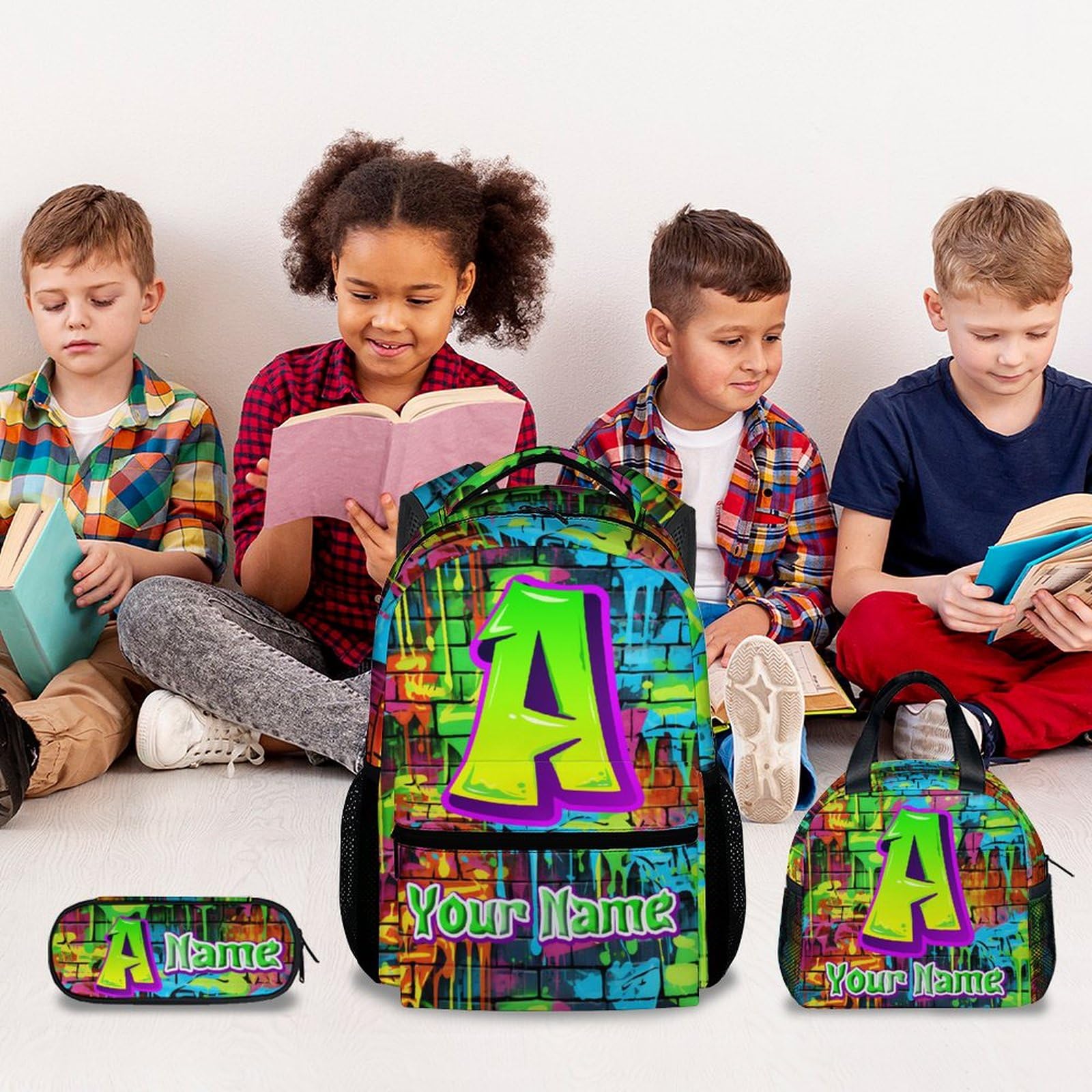 COOPASIA Personalized Kids Backpack - Custom Bookbag with Name - Initial Backpack for Boys - School Supplies Gifts - 17 Inch Toddler School Bag with Lunch Box and Pencil Case