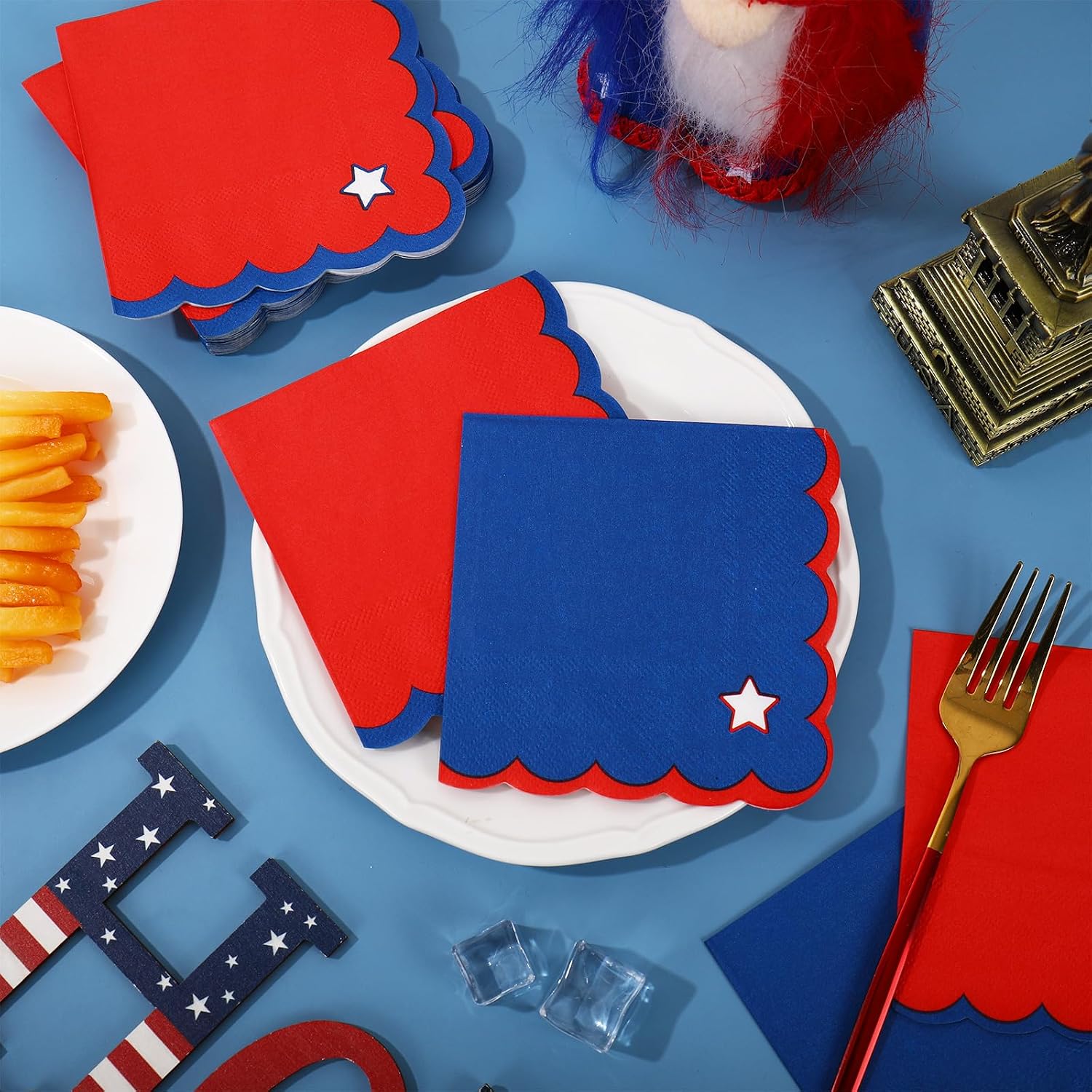 FYSUIMU 100Pcs Patriotic Scalloped Cocktail Napkins Red Blue Star Disposable Napkin 4th of July Beverage Napkin for 250th Anniversary Independence Day Veterans Memorial Day Tableware