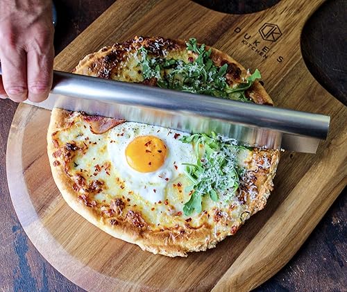 Miniatura 9 de Juego de cortadores de pizza de acacia prémium (extra grande) y cuchilla basculante, pelar pizza de 16 pulgadas, paleta de pizza de madera gourmet,