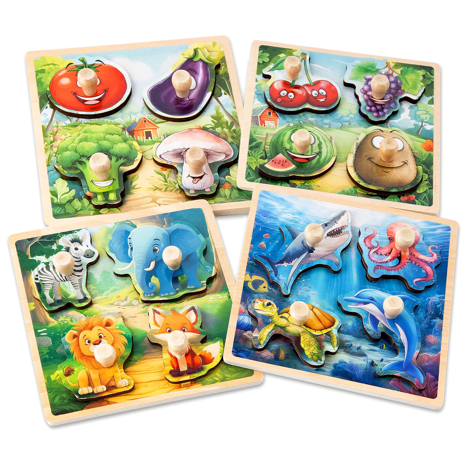 Funsland Puzzle Bois Bébé 1 An – Lot De 4 Puzzles Encastrement Animaux, Jouet Éducatif Montessori, Cadeau 1-3 Ans