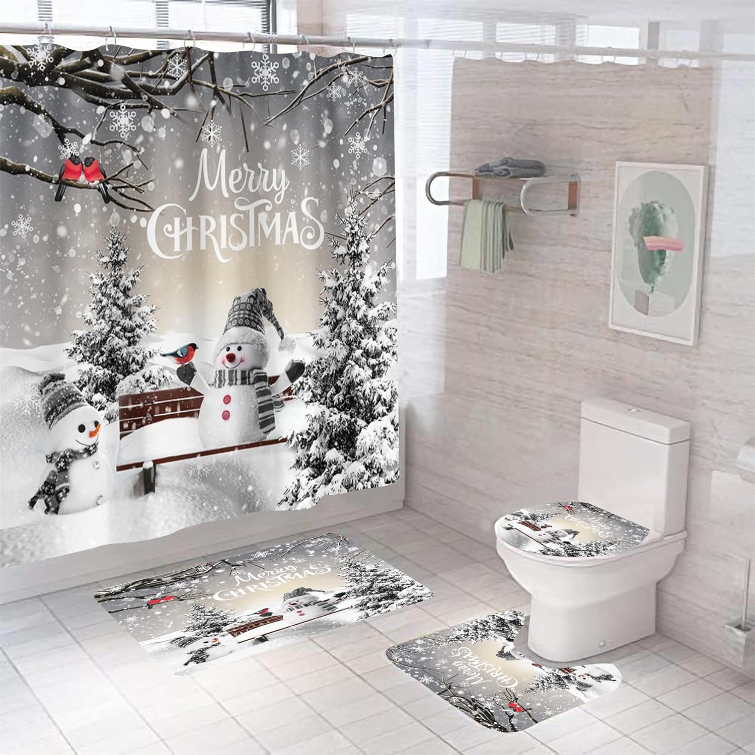 4 Pcs Christmas Shower Curtain Set with Rugs, Toilet Lid