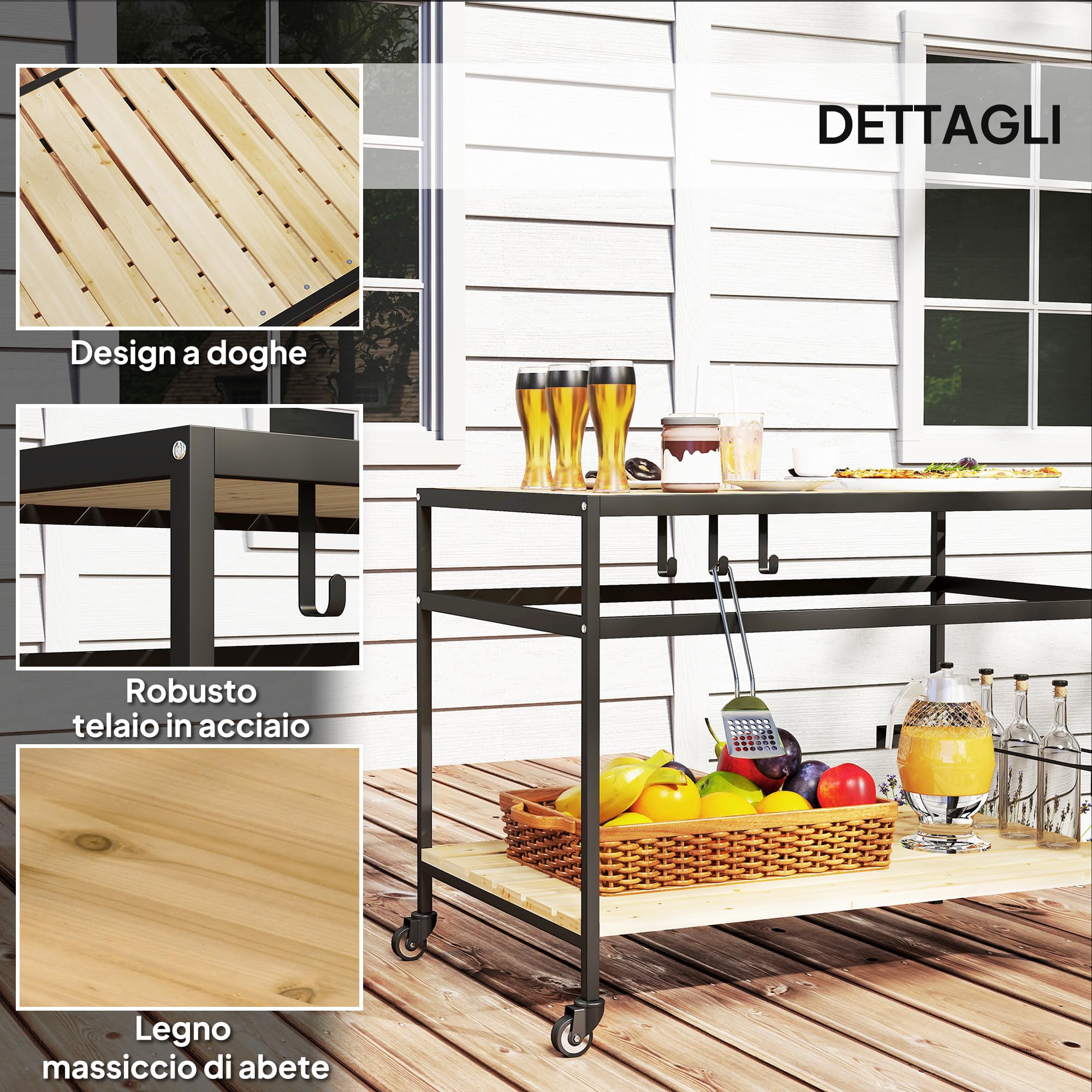 Outsunny Carrello Portavivande da Giardino in Legno di Abete 107x65x80 cm 2 Ripiani 3 Ganci