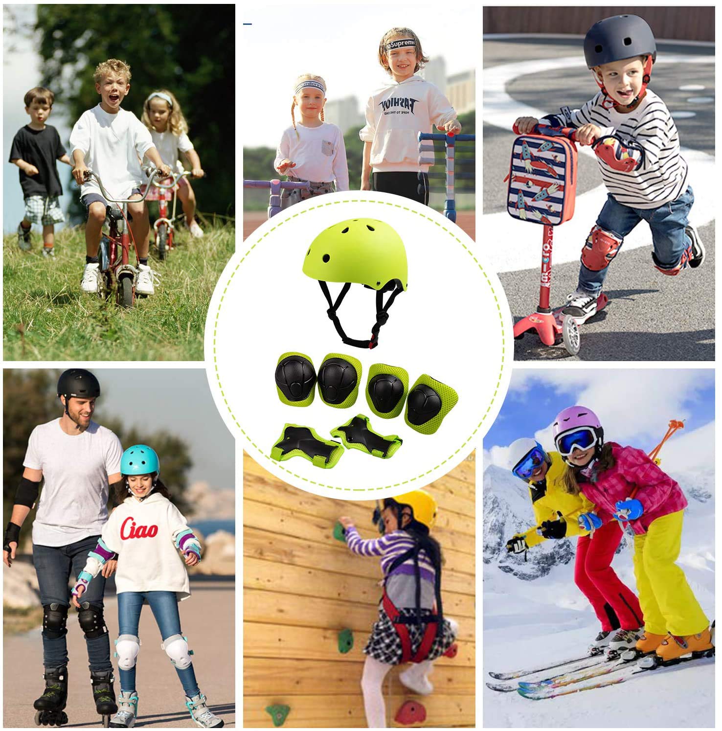 Casque Enfant Sets de Protection AVCE Genouillères Coudières Protège-Poignets Réglables Kit pour Rollers Skate Trottinette Skateboard(3-12 Ans)