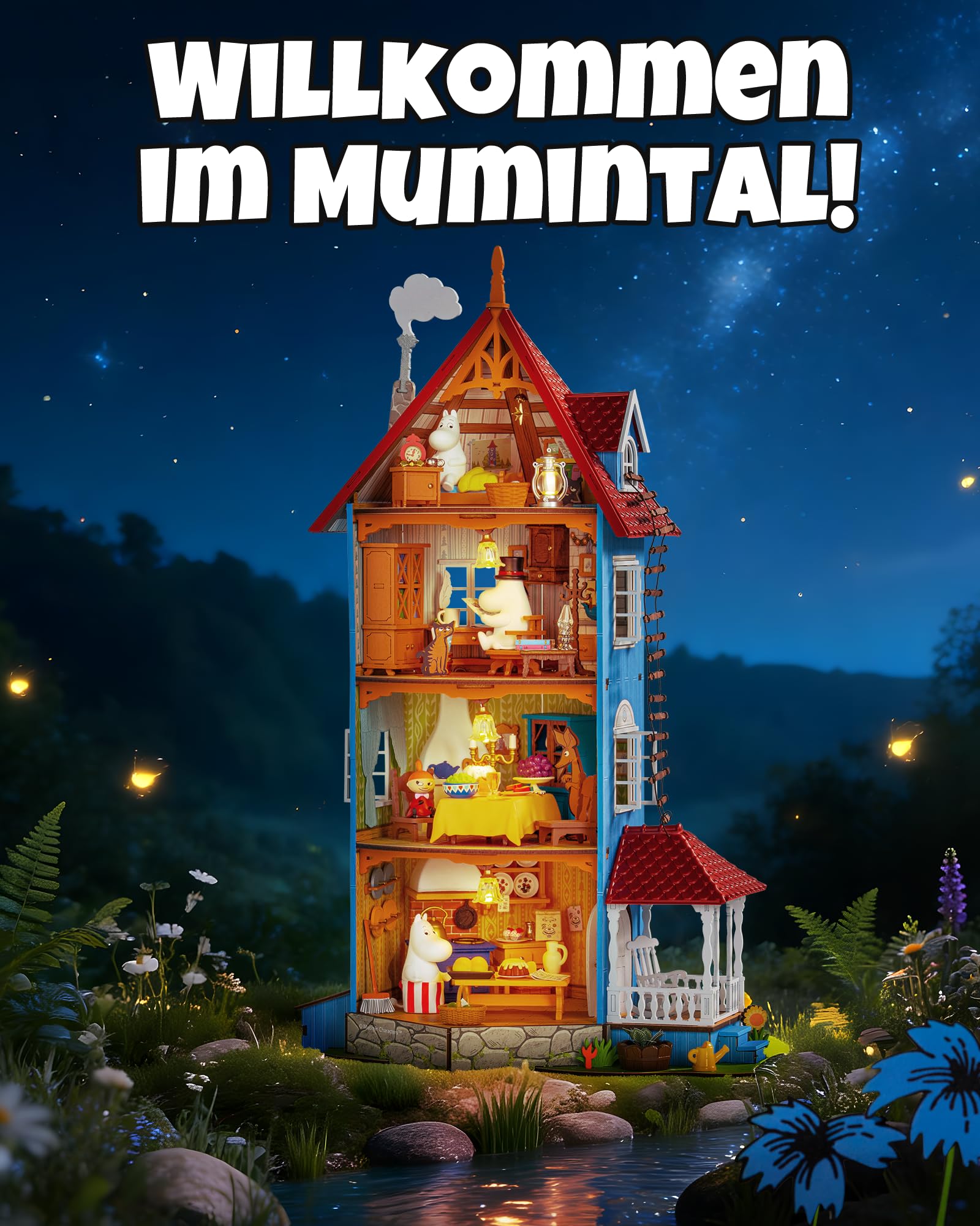 Rolife DIY Miniatur Puppenhaus Moominhouse 441 Teile Holz Bausatz | Offizielles Moomin 3D Holzpuzzle, 4-Ebenen Moominhaus mit LED, 4 Figuren, Klebstofffreies Bastelset, Deko Geschenk
