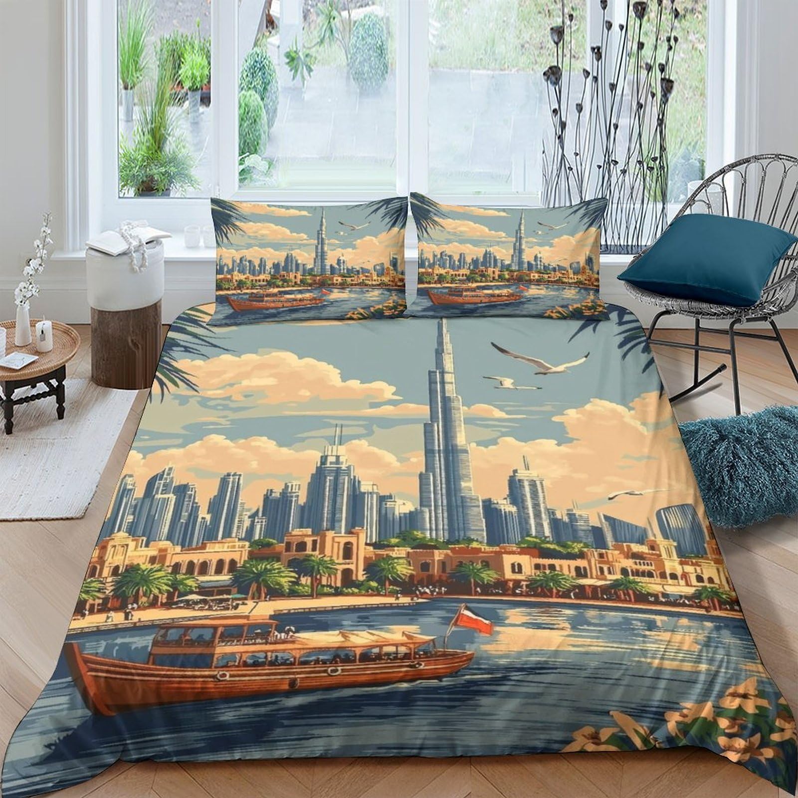 Ctjqhvkz Style-2 3D Printed Dubai Skyline Fitted Sheet Microfiber Soft Breathable Sunset City Mattress Cover For Bedroom Home Decor Single（135X200cm）