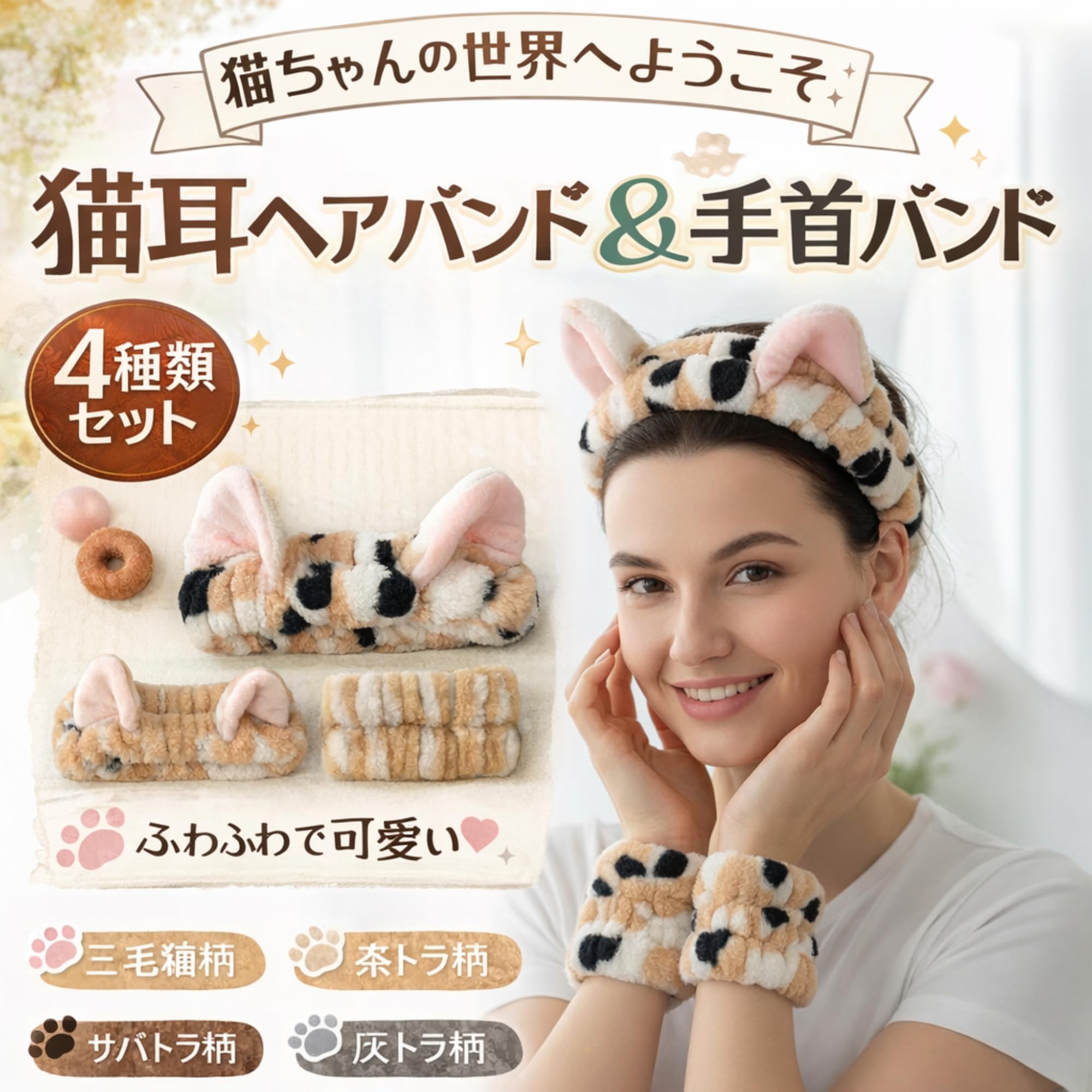 Amazon.co.jp: 【スヤスワ】洗顔 ヘアバンド 猫耳 猫 4種セット 猫柄
