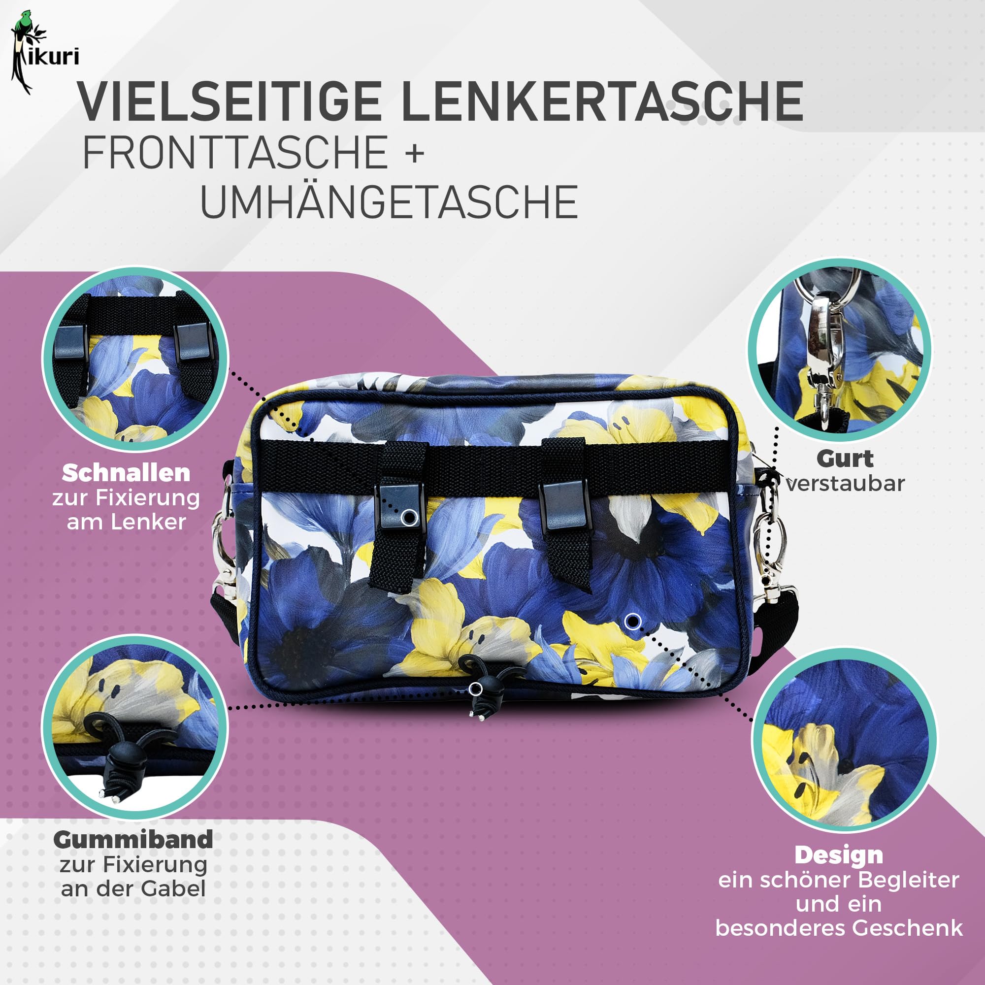 Ikuri Lenkertasche Fahrradtasche aus bedruckter Plane, mit abnehmbarem Schultergurt, für Frauen Wasserdicht Bike Bag - Design Azucena