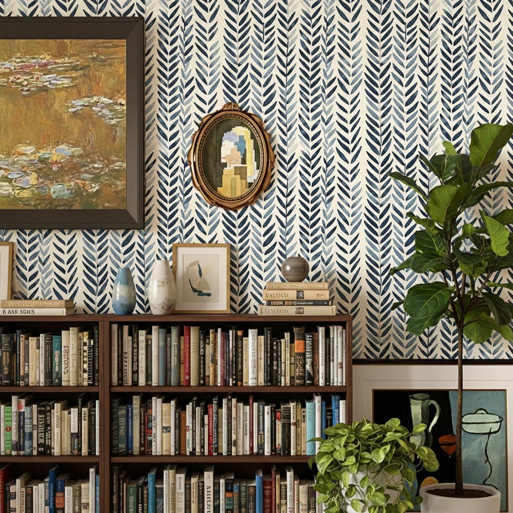 Blue and White Boho Wallpaper Peel and Stick 17.3"x78.7" Herringbone Vintage Floral Removable Renter Friendly Wallpaper for Bedroom Walls Self Adhesive Contact Paper for Cabinet Drawer B4-2