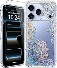Coolwee Clear Glitter for iPhone 17 Pro Case with Screen Protector, Cute Cover for Girls Women, Slim Shockproof 10FT Drop Protection for Apple 17 Pro Case Crystal Lace Bling Mandala Henna