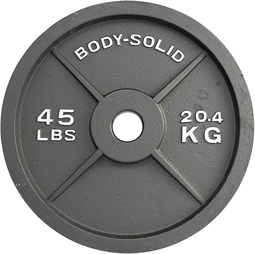 Miniatura 10 de Body-Solid Placa olímpica de hierro fundido de peso individual, pesas libres, placas de mancuernas, agujero estándar de 2 pulgadas para barra