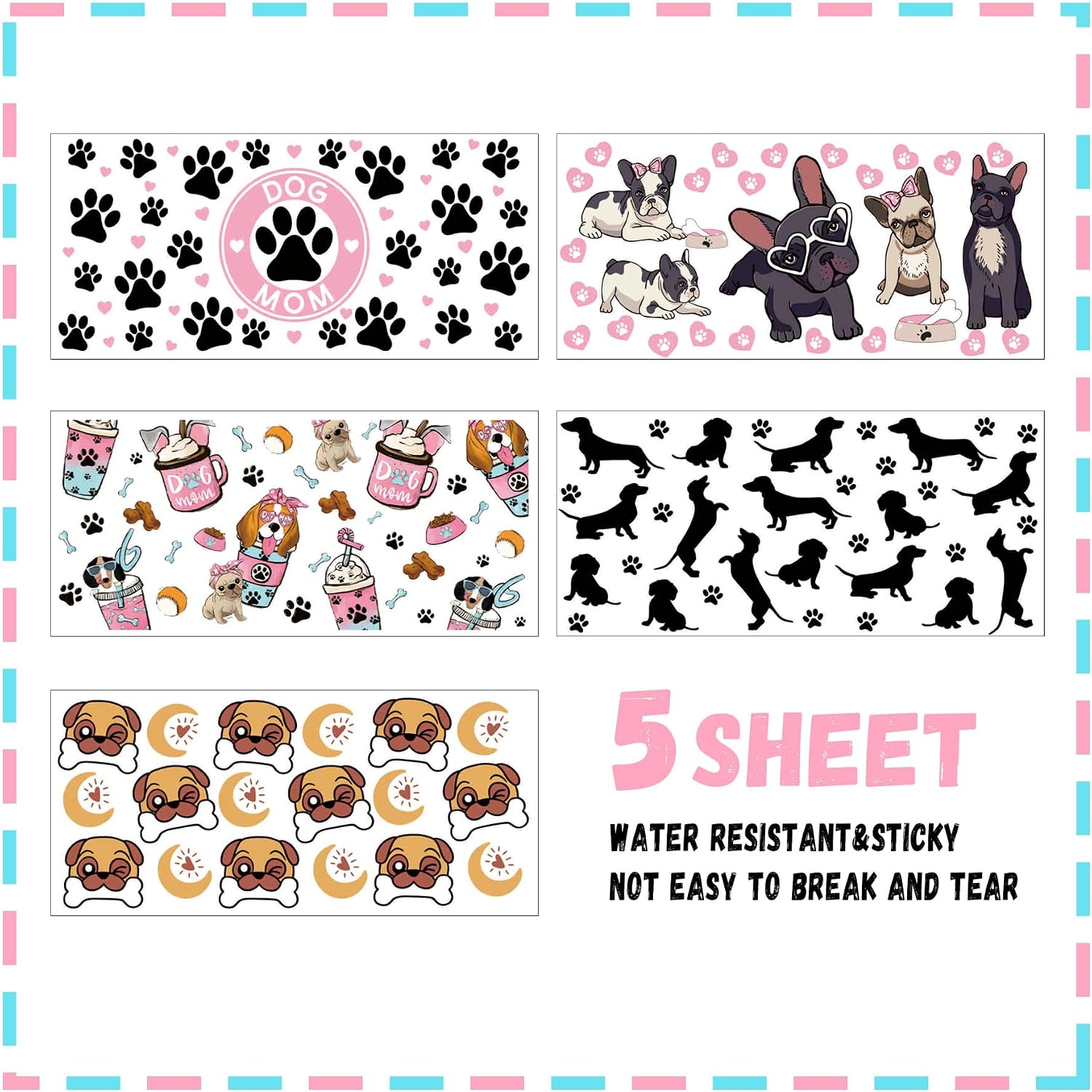 5 Sheet UV DTF Cup Wrap Transfer Stickers for Glass, Rub on Transfers Decal for 16OZ Glass Cups Furniture Wood Craft (Dog)