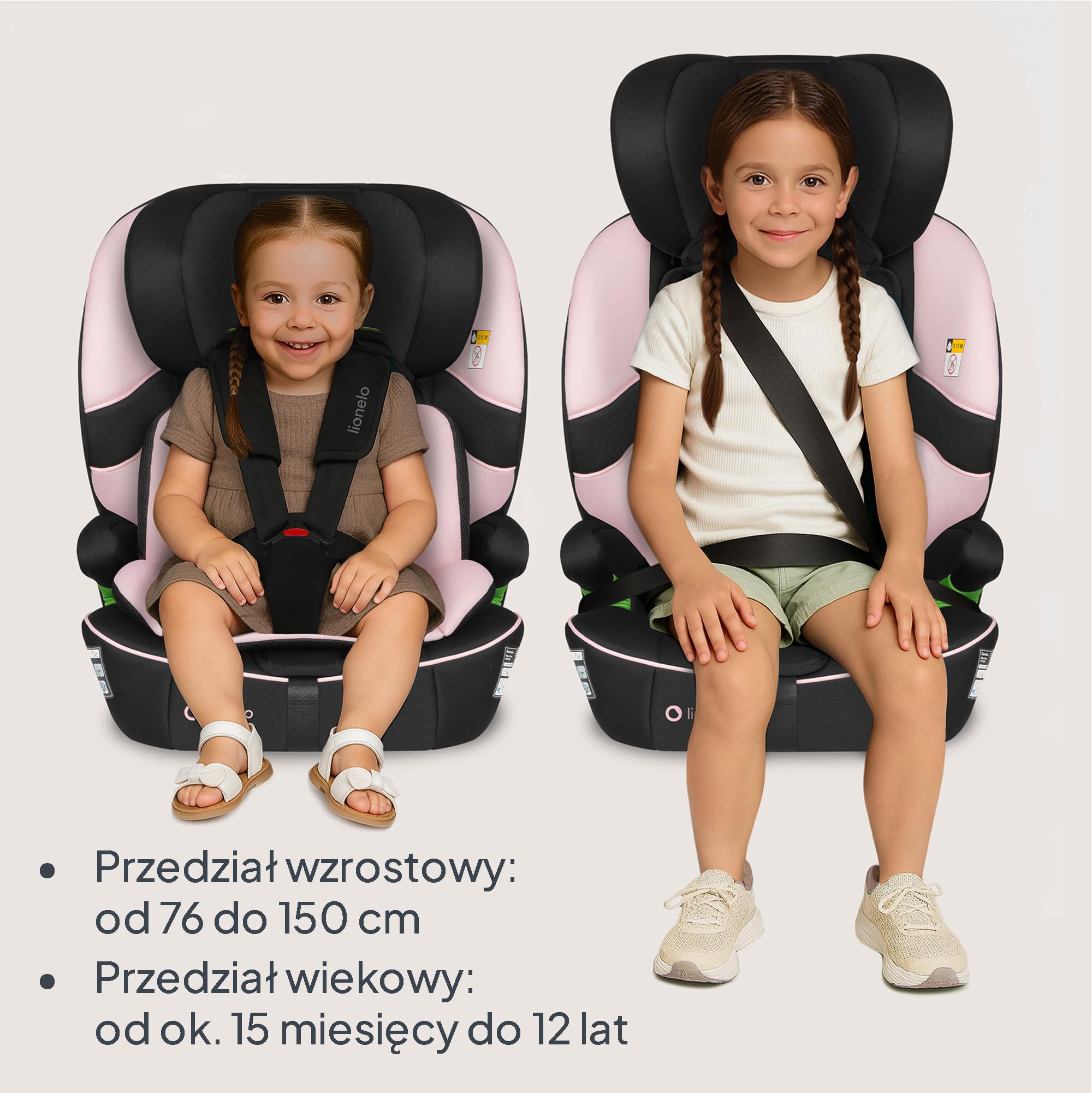 LIONELO Fotelik samochodowy Billy i-Size dla dzieci 76-150 cm (15 miesięcy – 12 lat) montaż na pasku lub na pasku, 10-pozycyjny zagłówek, ochrona boczna, górny pasek mocujący, 5-punktowa uprząż z