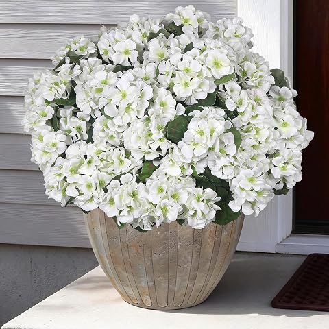 12 Pcs UV Resistant Outdoor Artificial Flowers, Outdoor Fake Flowers, Faux Geraniums Silk Flowers Outdoor Plants for Front Porch Planters Window Box Garden Decor (12, White)