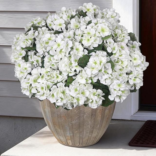 12 Pcs UV Resistant Outdoor Artificial Flowers, Outdoor Fake Flowers, Faux Geraniums Silk Flowers Outdoor Plants for Front Porch Planters Window Box Garden Decor (12, White)
