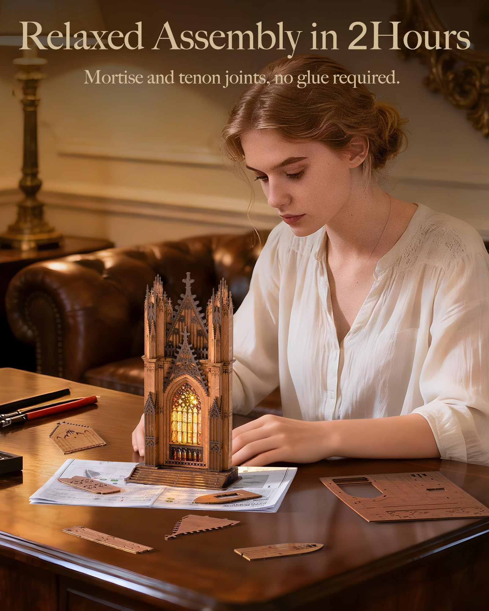 Rolife 3D Wooden Puzzle - Gothic Twin-Tower Cathedral Architecture Model with LED Lights, DIY Craft Building Kit for Adults, Unique Home Decor & Birthday for Hobbyists - 5