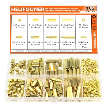 HELIFOUNER 182 Pieces M4 Male Female Hex Brass Spacers Standoffs Screws Nuts Assortment Kit, Threaded Pillar for Printed Circuit Board Motherboard
