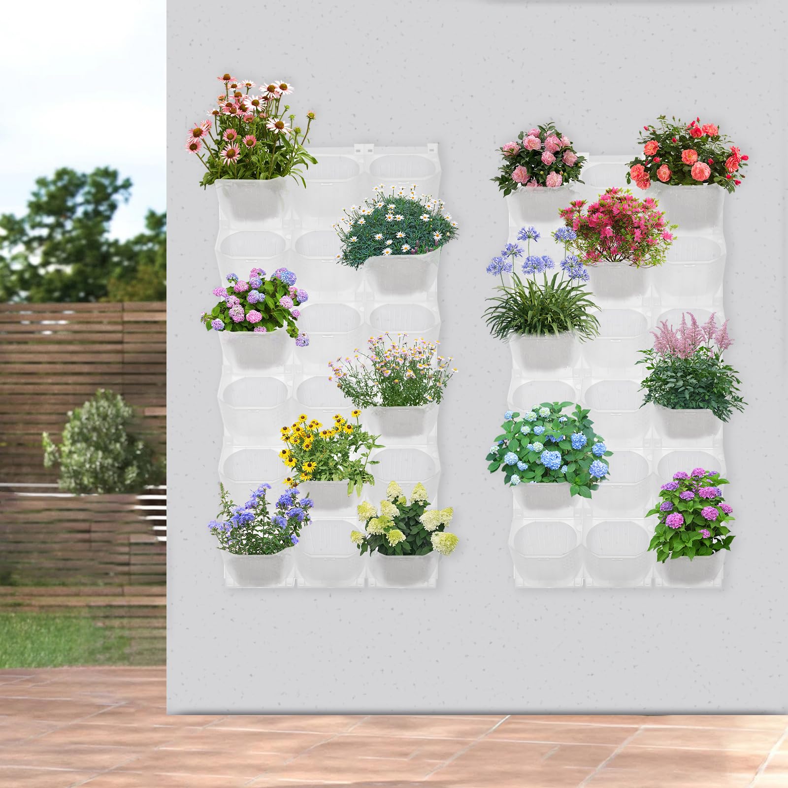 Fioriera da parete con 36 vasi, vasi da fiori con meccanismo di irrigazione automatico, per esterni, compresi giardini, terrazze (bianco)