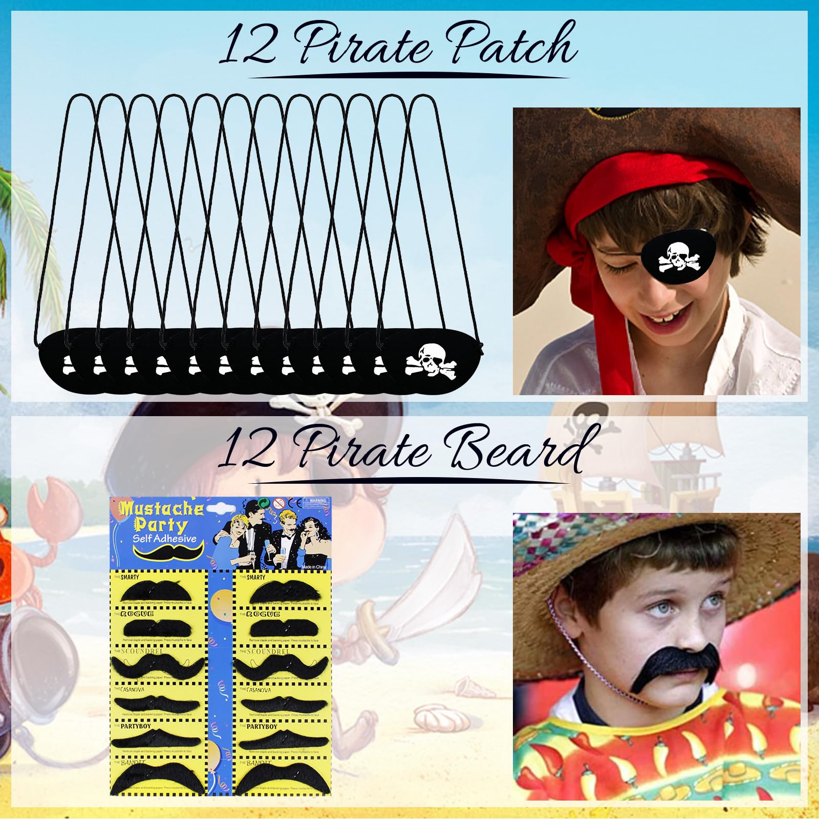 PQKL Party: Set di regalini pirata per compleanno bambini, festa dei pirati, sacchetti regalo, taccuino baffi, bracciale a scatto, adesivo per la nascita dei bambini