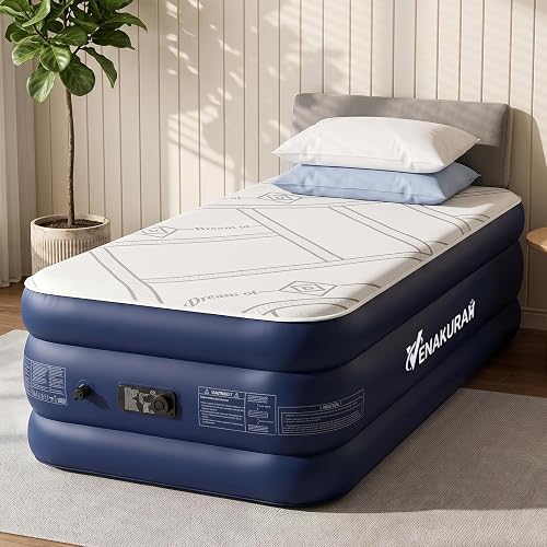 Twin Air Mattress with Built-in Pump, 20" Raised Inflatable Mattress with 3CM Quilted Foam Topper, 3 Min Fast Inflation Blow Up Air Bed, Air Mattress Supports 900 lbs for Guests, Home & Camping