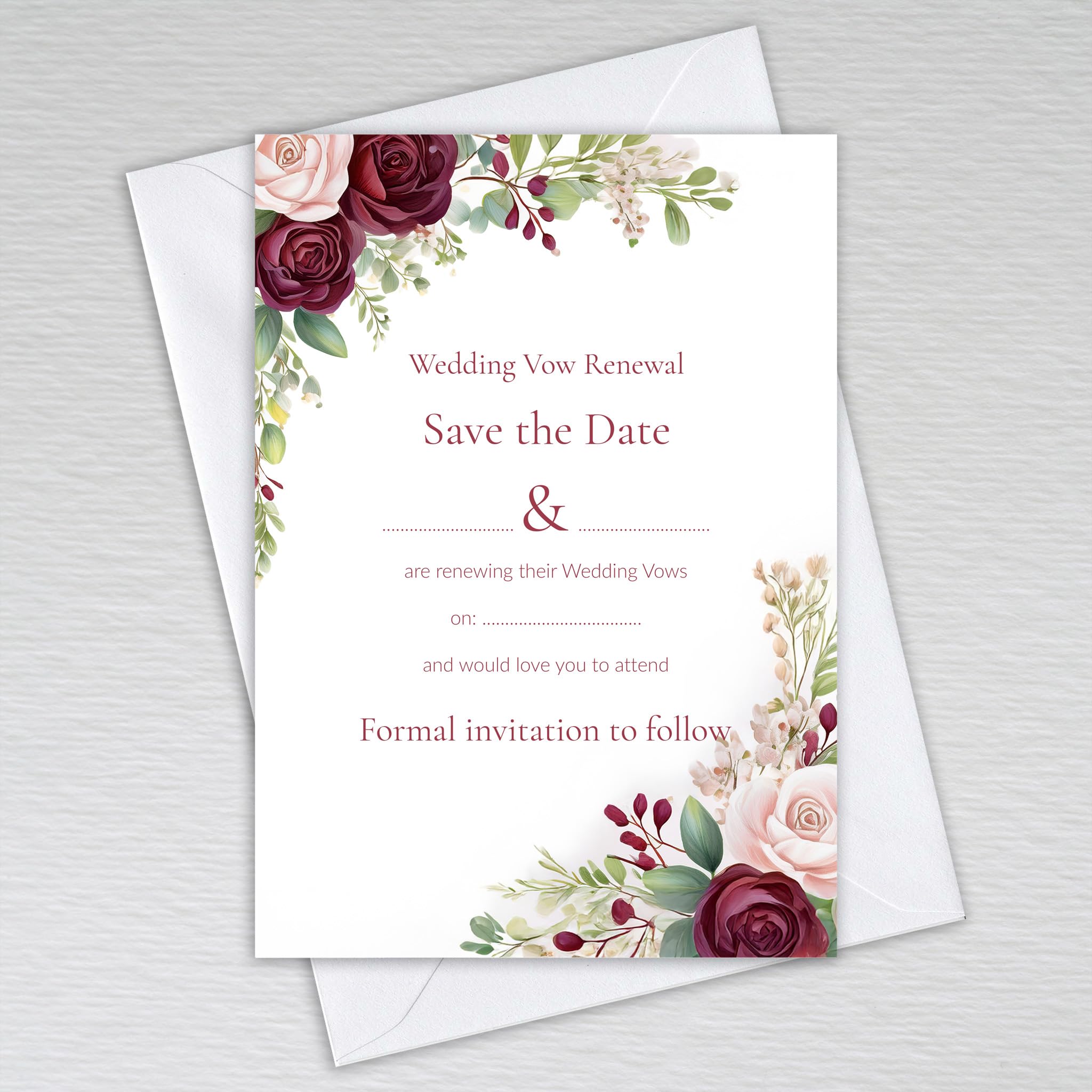 Webspectations Burgundy Wedding Vow Renewal Save the Date Cards with Envelopes – Elegant Rose & Eucalyptus with Burgundy & Maroon Tones, Vow Renewal Save the Date Invites (Pack of 20 with Envelopes)