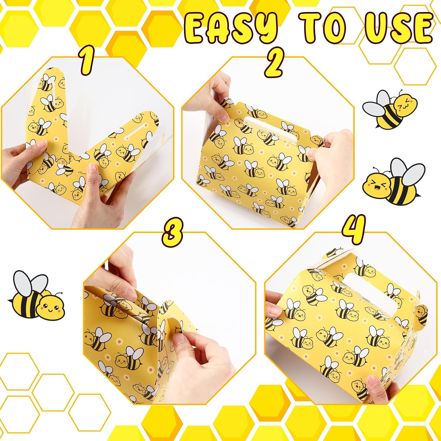 Feifeiya 30 Pcs Bee Candy Boxes With Handles Paper Bee Party Favor Treat Boxes Easy Assemble Gift Bags for Birthday Baby Shower Wedding Kids Party Supplies Decorations