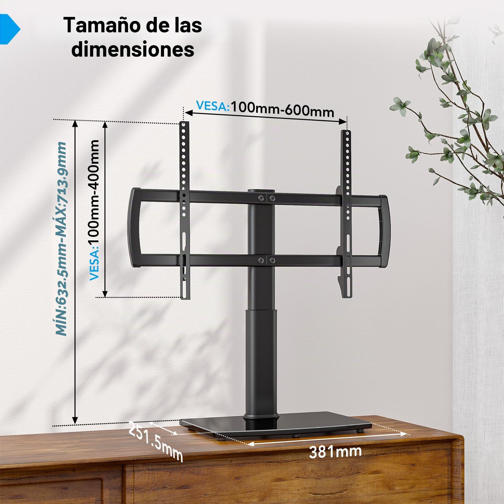 Hemudu Soporte Pie TV Universal, Peanas para Televisiones 32 a 70 Pulgadas, Soporte TV Mesa Altura Ajustable de 4 Niveles, Base de Cristal Templado de Alta Resistencia, MAX 50 Kg, MAX Vesa 600x400 mm