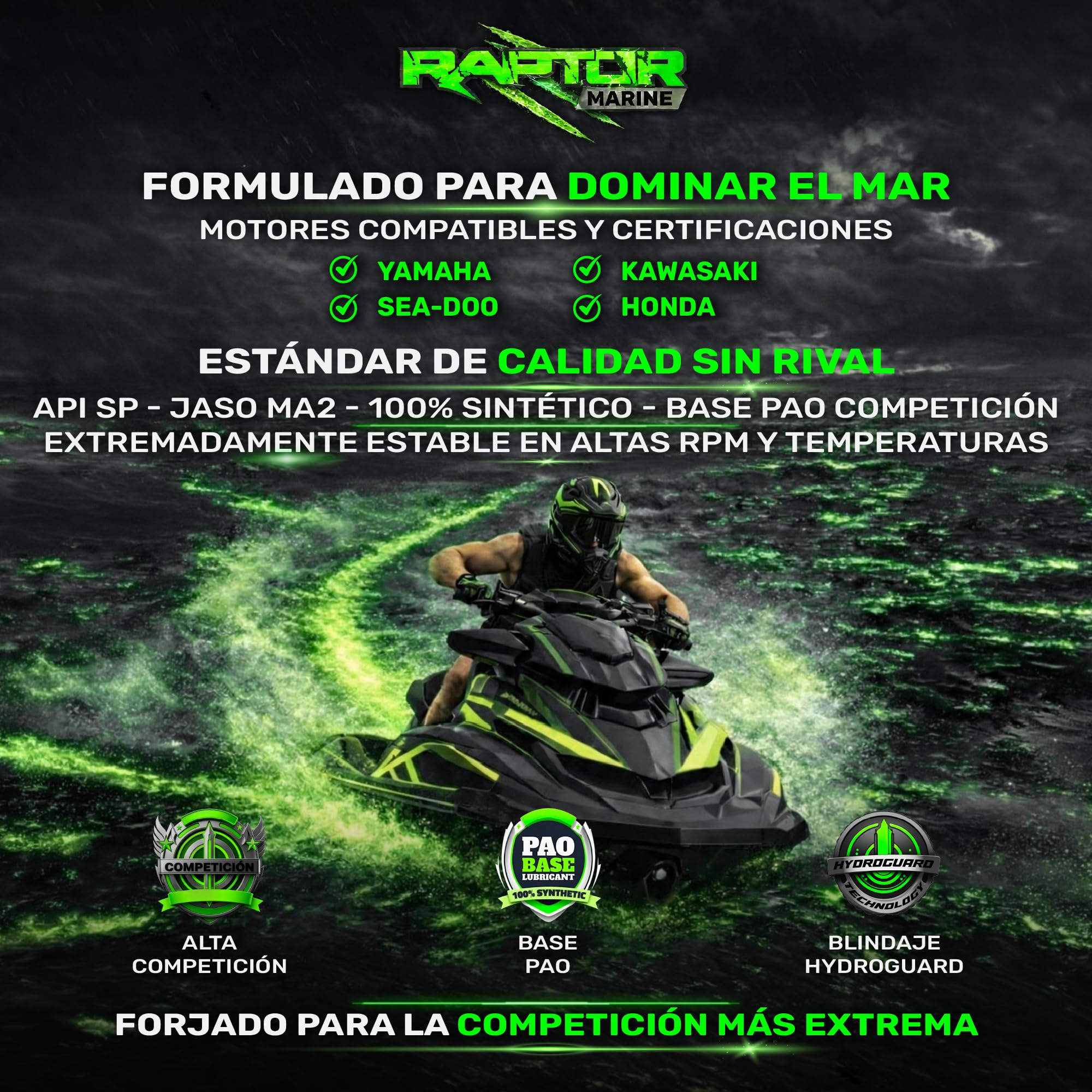Raptor Marine - Aceite Jet Ski 10W40 PAO 100% Sintético Hydroguard | 4L | Moto de Agua PWC 4T | Alta Temperatura | Anticorrosión | API SP, JASO MA2