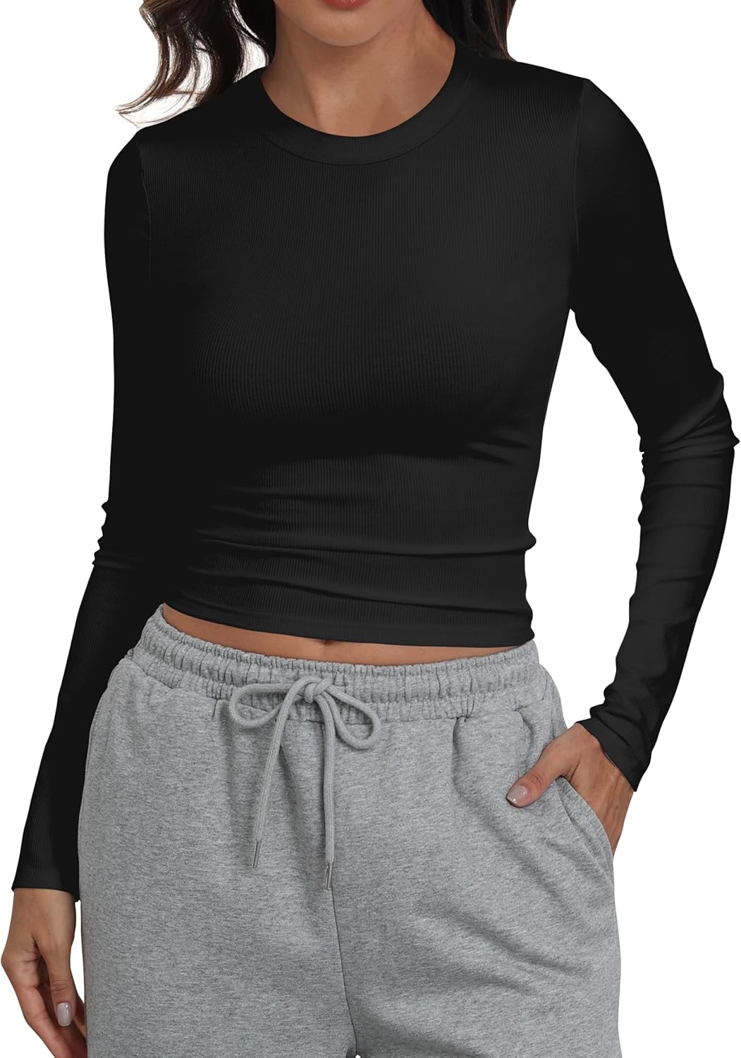 Artfish Women Crew Neck Ribbed Knit Long Sleeve T-Shirt Form Fitting Casual Basic Tops