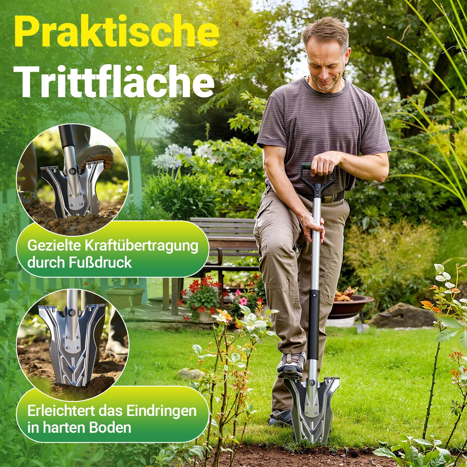 Spaten mit Wurzelsäge für Harte, steinige Böden, 120cm Wurzelspaten mit Breite Trittkante und ergonomischem Griff, V-förmiger Wurzelspaten, Stabiler Gartenspaten für leichteres Graben