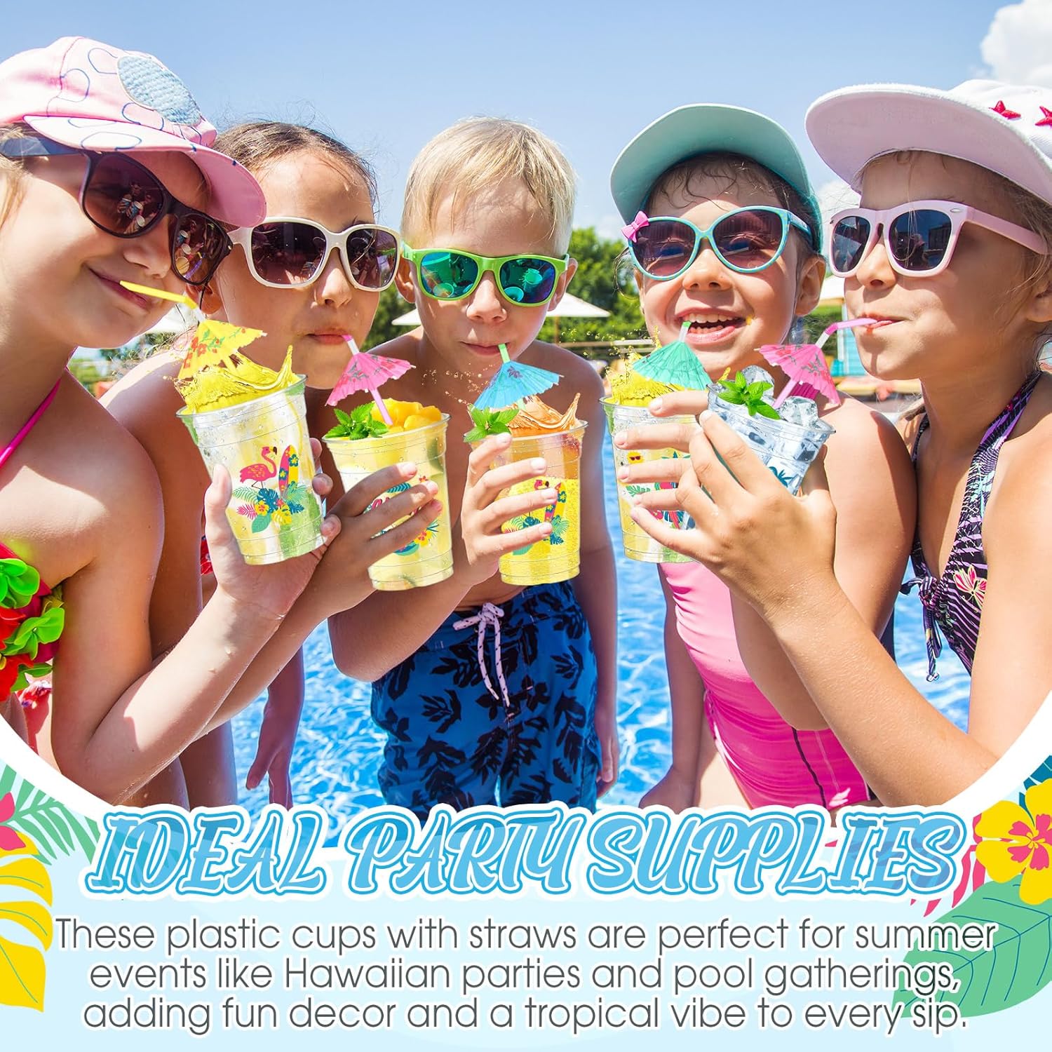 Jingmore 100 Set Hawaiian Luau Party Cups with Umbrella Straws 12 oz Tiki Tropical Plastic Disposable Cups Clear Flamingo Drinkware for Summer Beach Pool Birthday Party Supplies Decorations