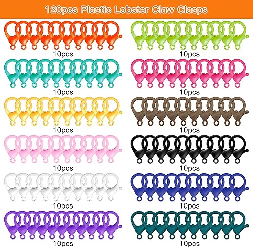 Miniatura 2 de 120 cierres de pinza de langosta de plástico para la fabricación de joyas, gancho multicolor de langosta con lindo cordón, ganchos a presión, clips