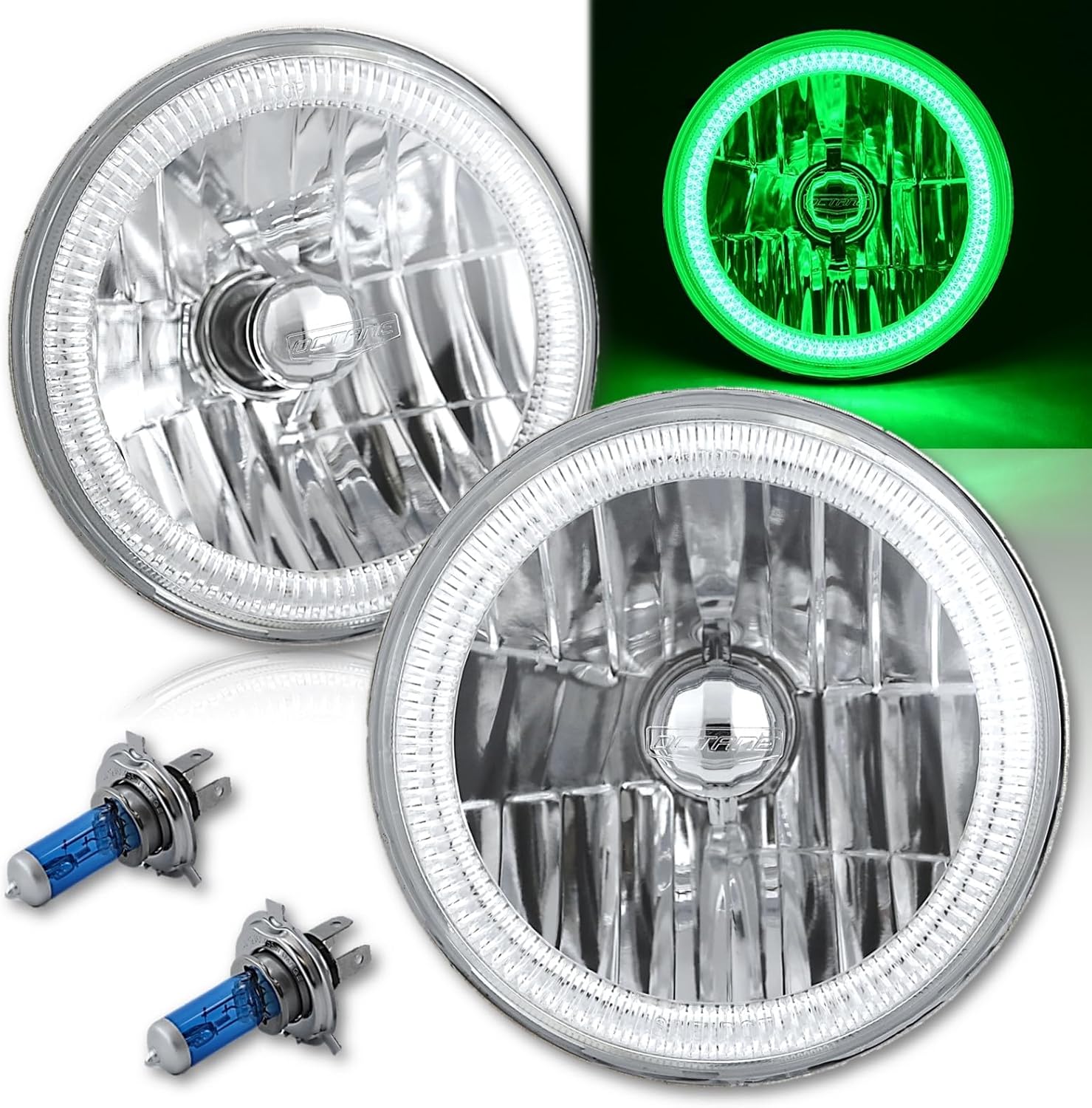 Octane Lighting 7 Inch Green COB LED Halo Angel Eye H4 Headlamp Headlight Halogen Light Bulb Pair