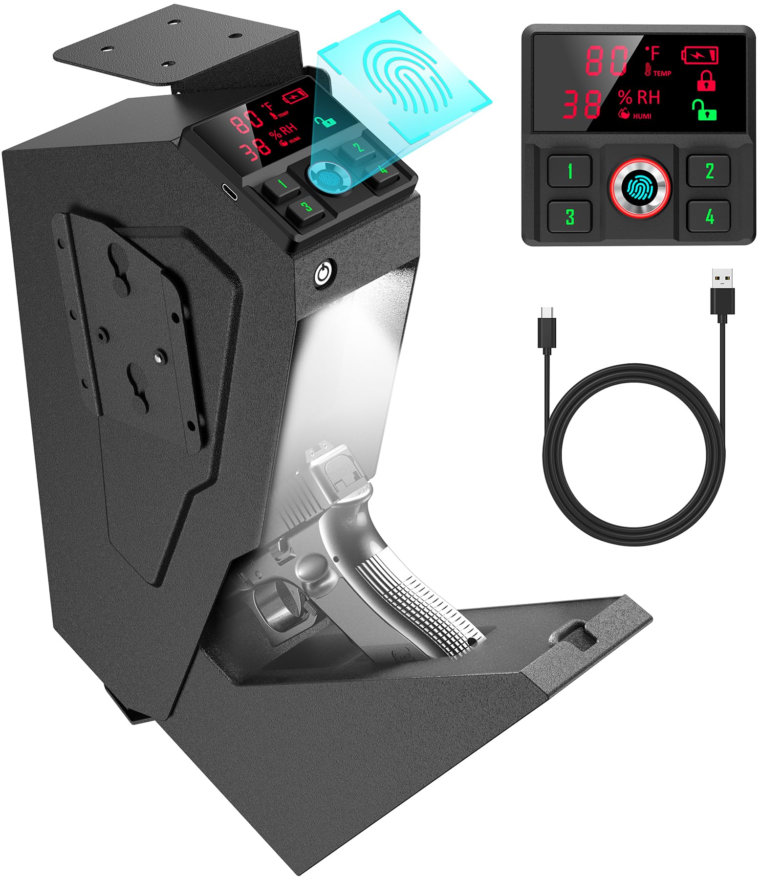 QINGENO Quick-Access Mounted Nightstand Handgun Gun Safe, Drop Down Auto Open Lid Smart Pistol Safe with Biometric Lock/Keypad Lock/Key Lock (QG8002F Biometric)