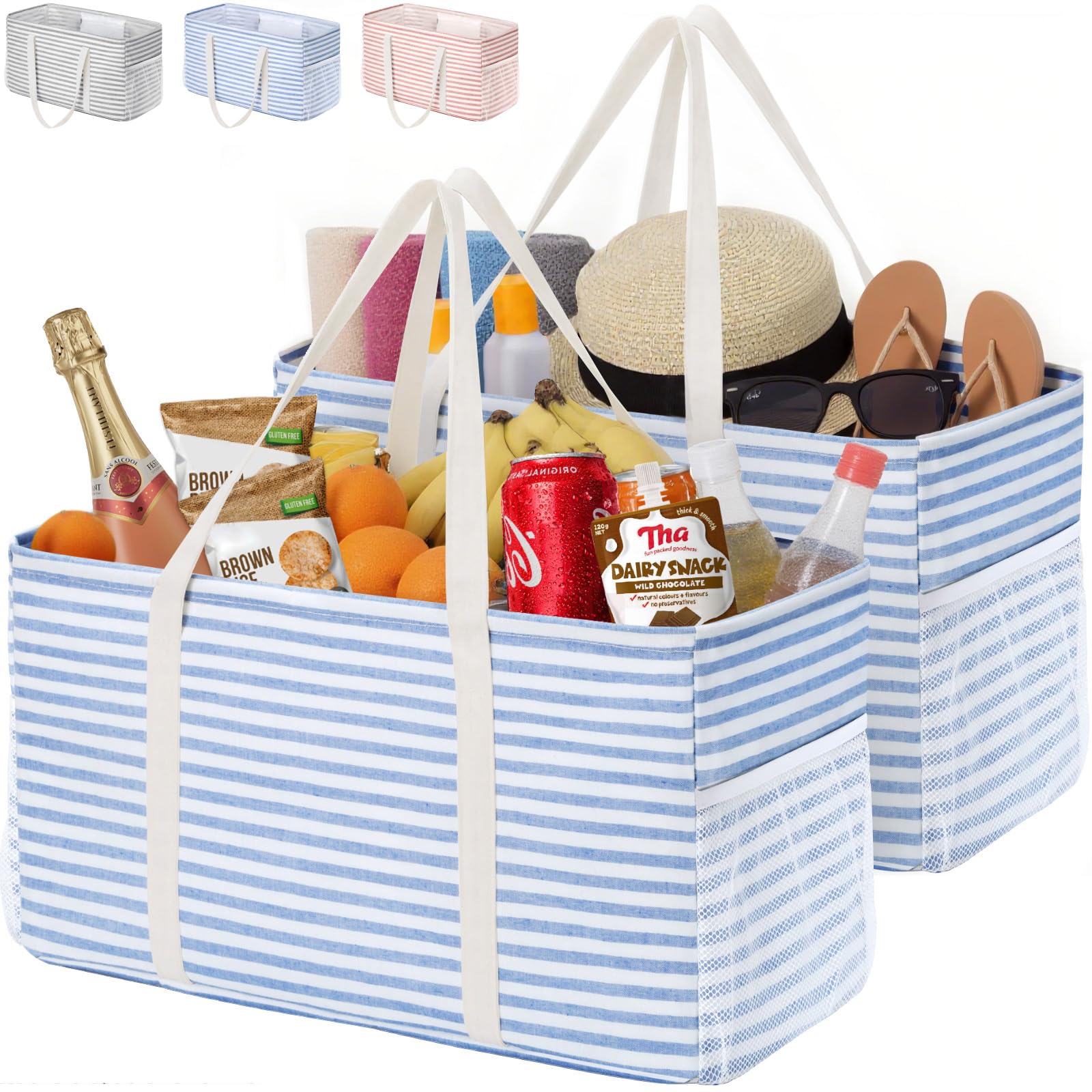 Lifewit Extra Large Tote Bag, Reusable Grocery Bags with Metal Wire Frame and Handles, Standing Utility Foldable Shopping Bags for Storage, Picnics, Beach, Pool, Laundry, Car, Camping, 2 Packs, Blue