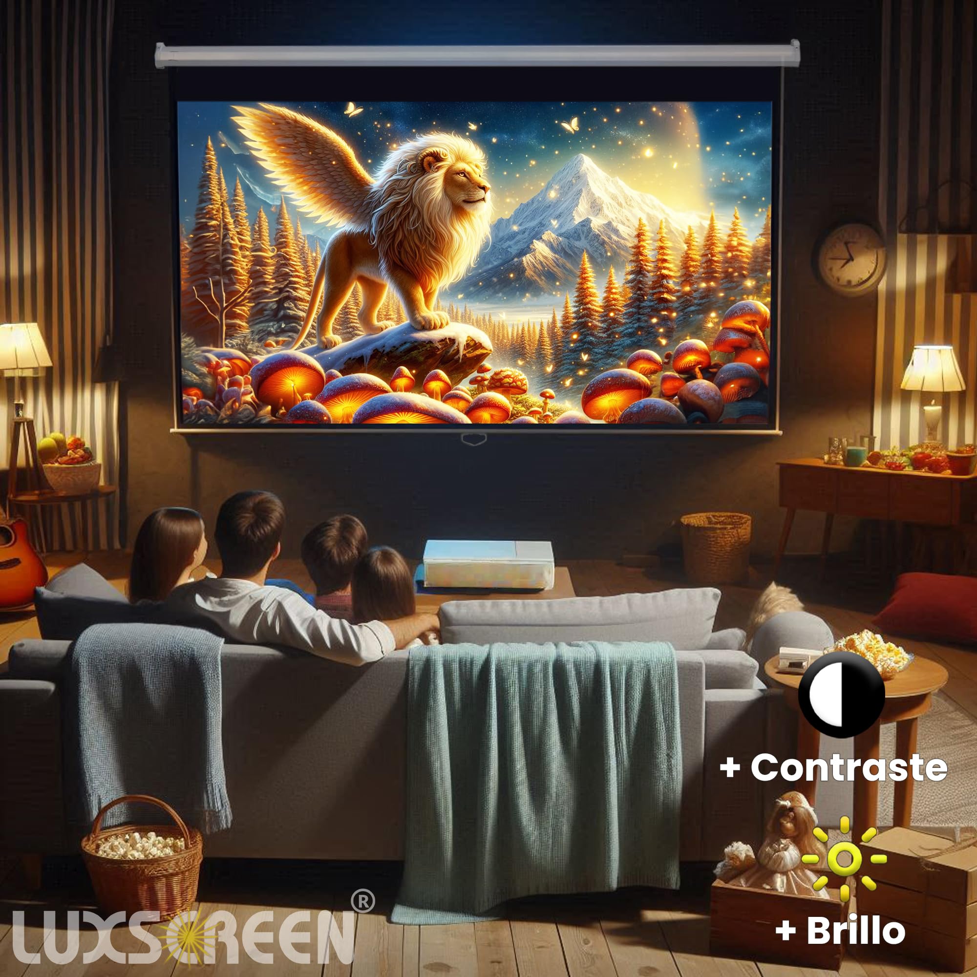 Schermo per proiettore manuale 100 pollici 16:9 Luxscreen, area visibile bianca 220 x 124 cm, richiede uno spazio di installazione di 236 cm, installazione a parete o soffitto