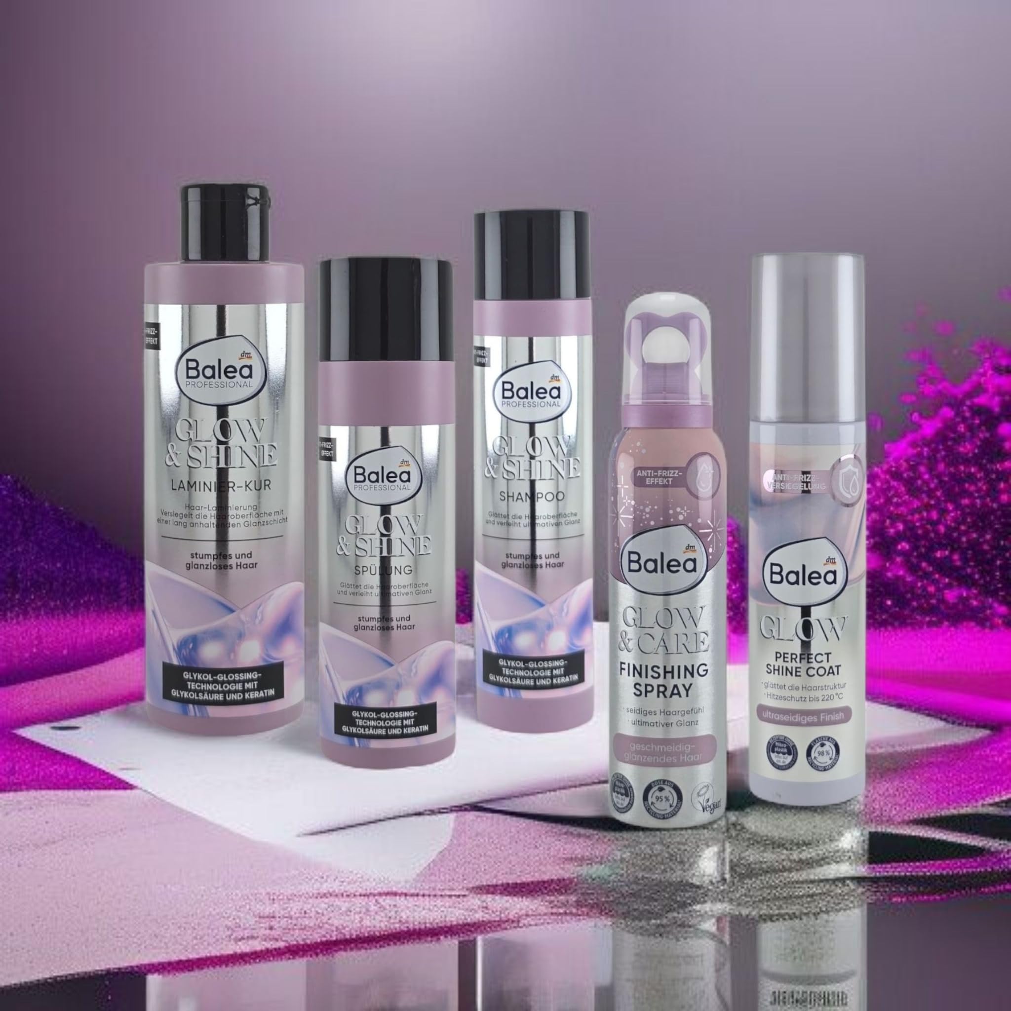 Balea GLOW & SHINE Komplett-Set (5-teilig) | Ultimatives Haarpflege-System für Spiegelglanz mit Shampoo, Spülung, Laminier-Kur, Hitzeschutz & Finishing Spray | mit Glykol-Glossing-Technologie