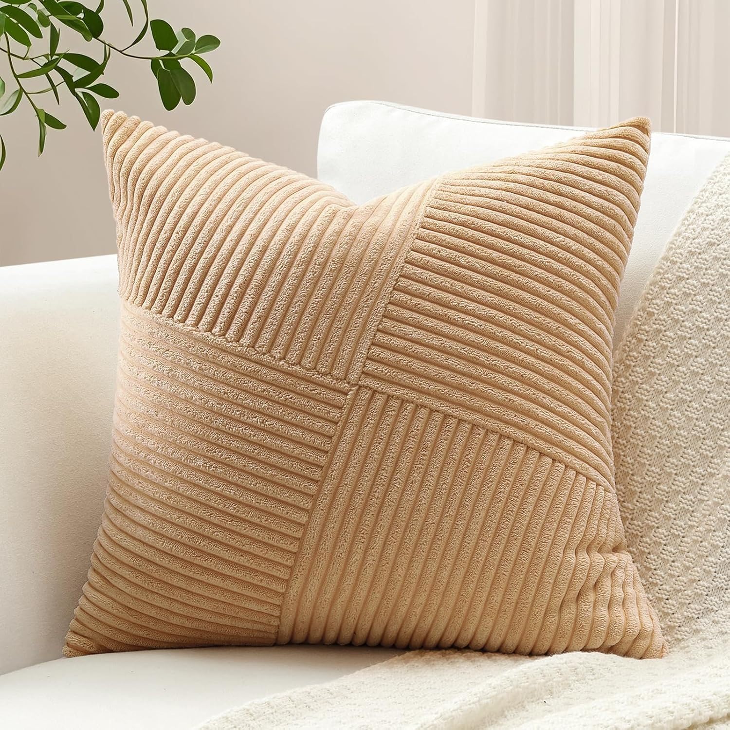 Plancholo Boho Decorative Throw Pillow Cover 16x16 Inch Soft Corduroy Striped Patchwork Windmill Textured Cushion Case for Couch Sofa Bed, Khaki