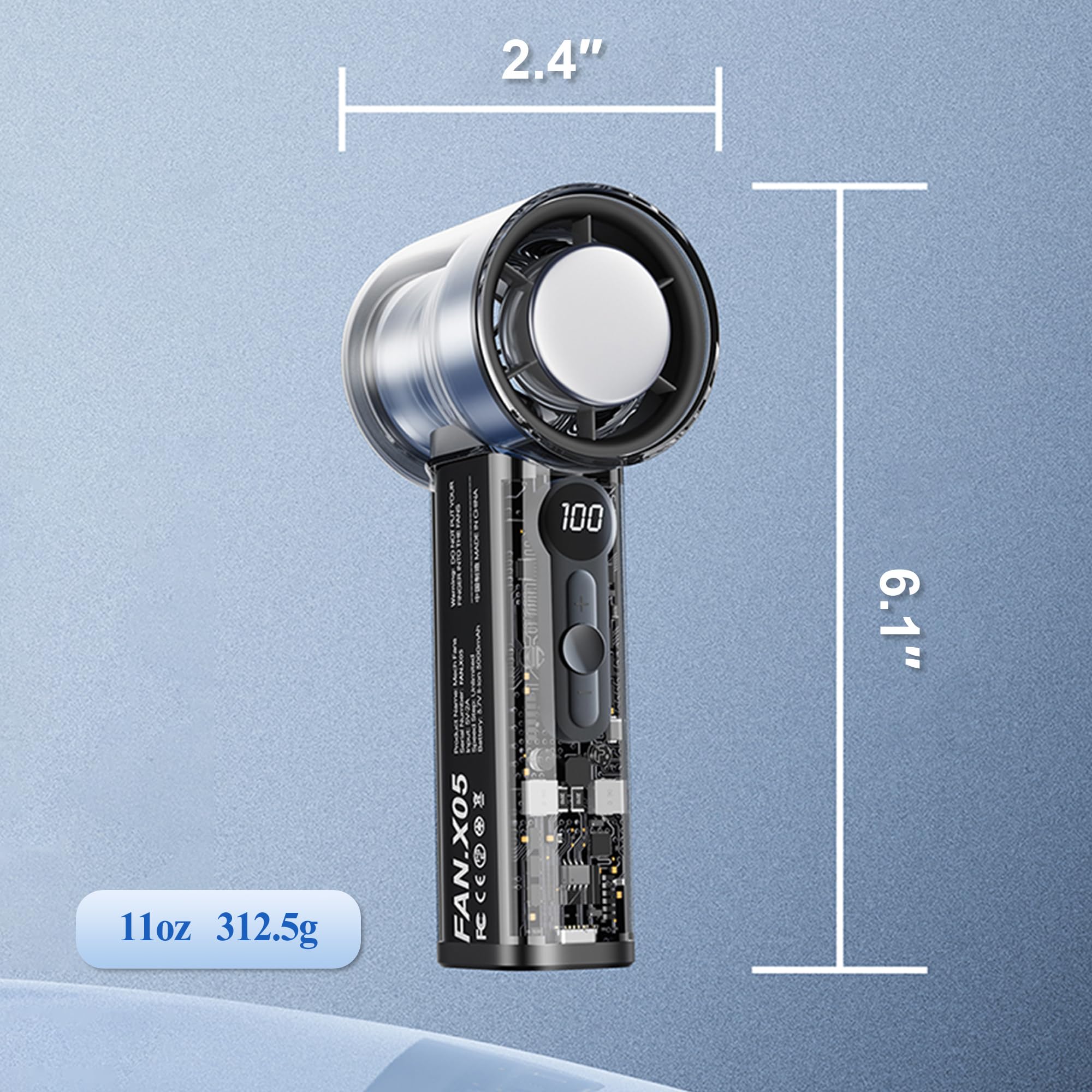 FAN-X05 Hochgeschwindigkeits-Kühlventilator, transparentes Gehäusedesign, Digitalanzeige, tragbares Handgerät (schwarz)
