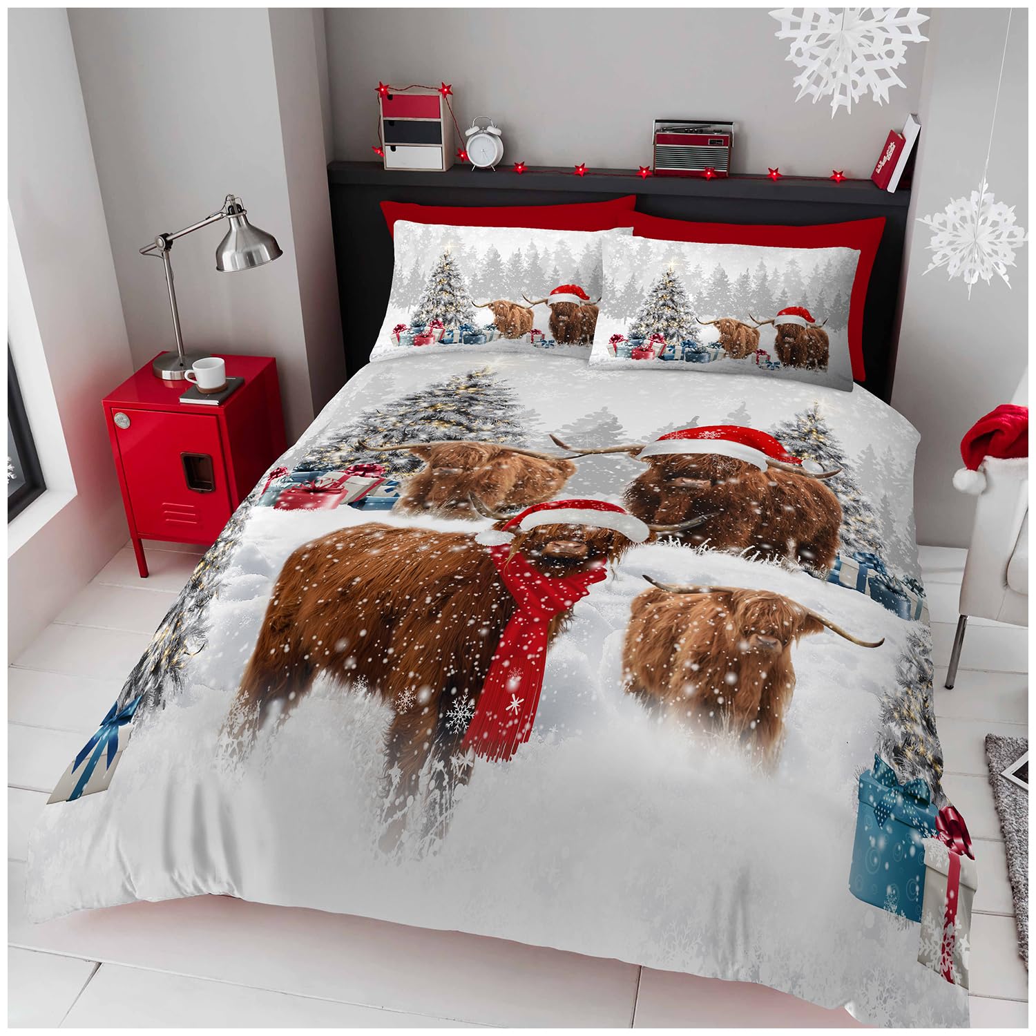 GC GAVENO CAVAILIA Christmas Duvet Cover Single - Soft Xmas Bedding & Quilt Cover with Pillowcase - Highland Cow Pattern Single Bed Duvet Set - Breathable Comforter Cover (135x200 cm) - Washable