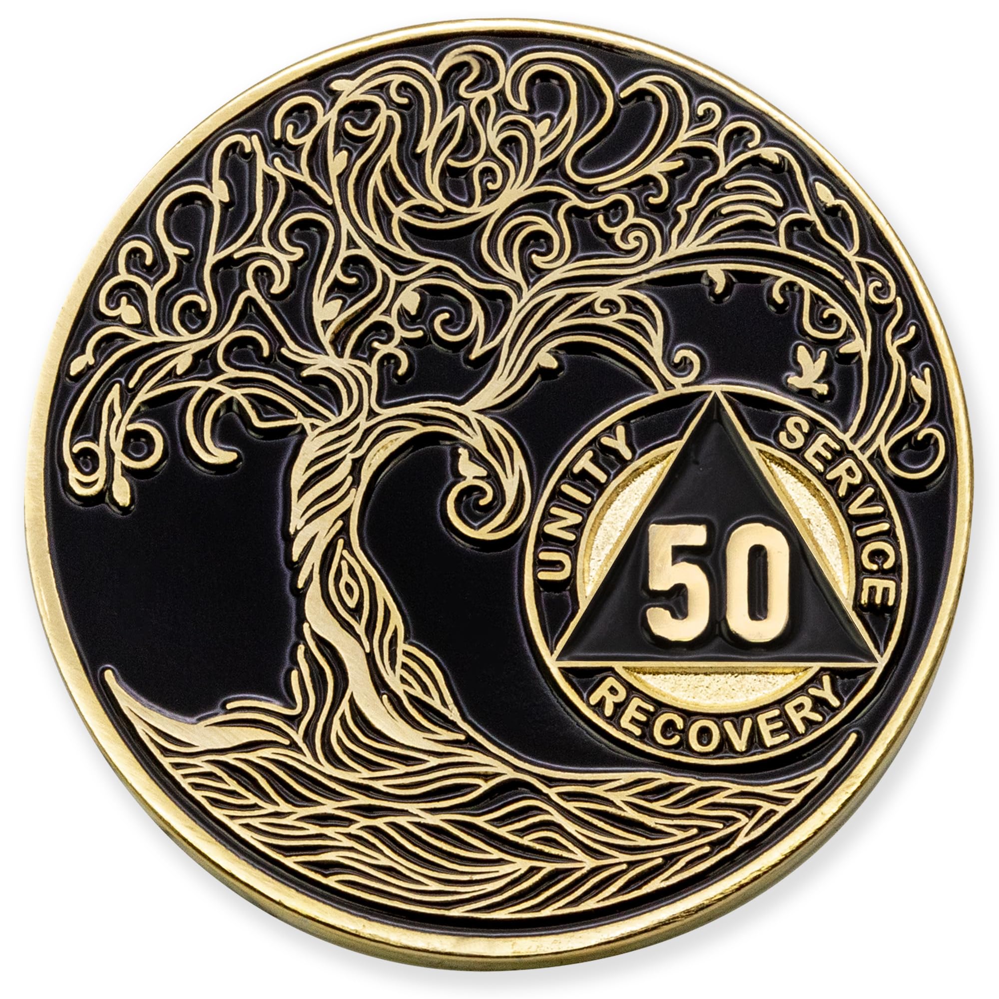 1 to 50 Year Twisted Tree of Life Sobriety Coin - Gold Plated AA Chips &amp; Medallions - 50 Year Sobriety Coin - Black