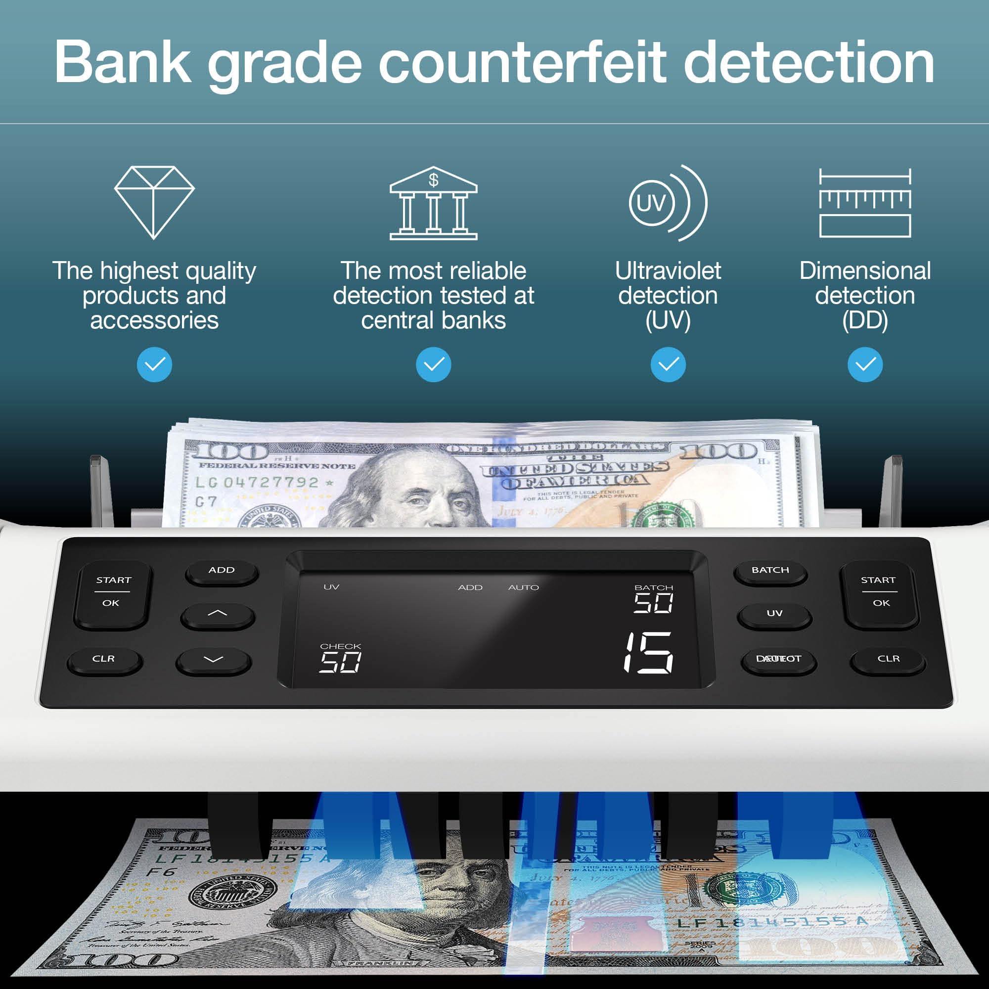 Safescan 2210 Macchina contatore di denaro con rilevamento di contraffazioni, multi-valute, modalità aggiunta/batch, display LCD, conteggi e ordini ad alta velocità 1.000 banconote al minuto