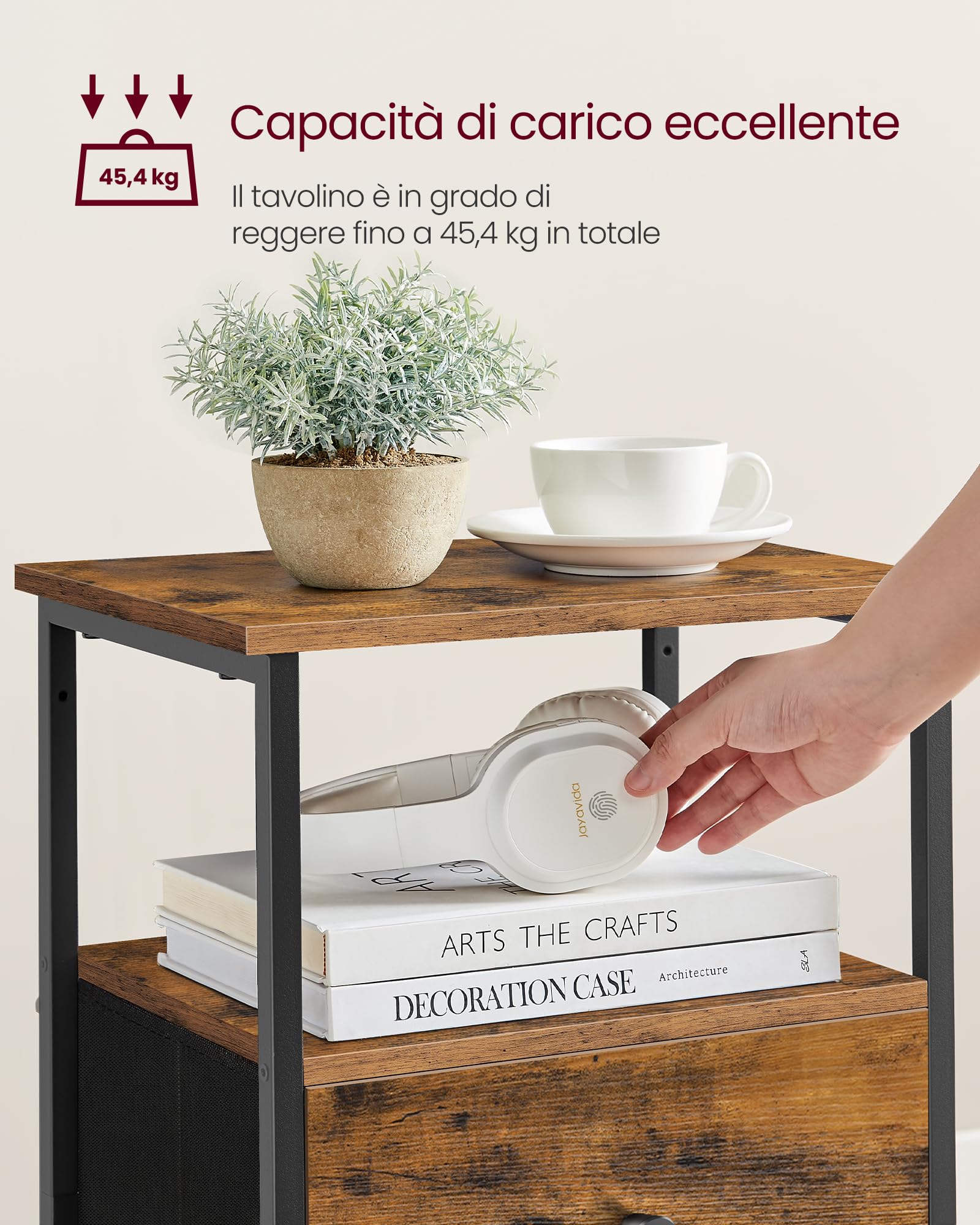VASAGLE Set di 2 Comodini, Tavolino con 2 Cassetti in Tessuto, Alto 61 cm, con Ripiano Portaoggetti, per Soggiorno Camera da Letto, Marrone Vintage, Inchiostro e Nero Opaco LGS225K01, 38 x 28 x 61 cm