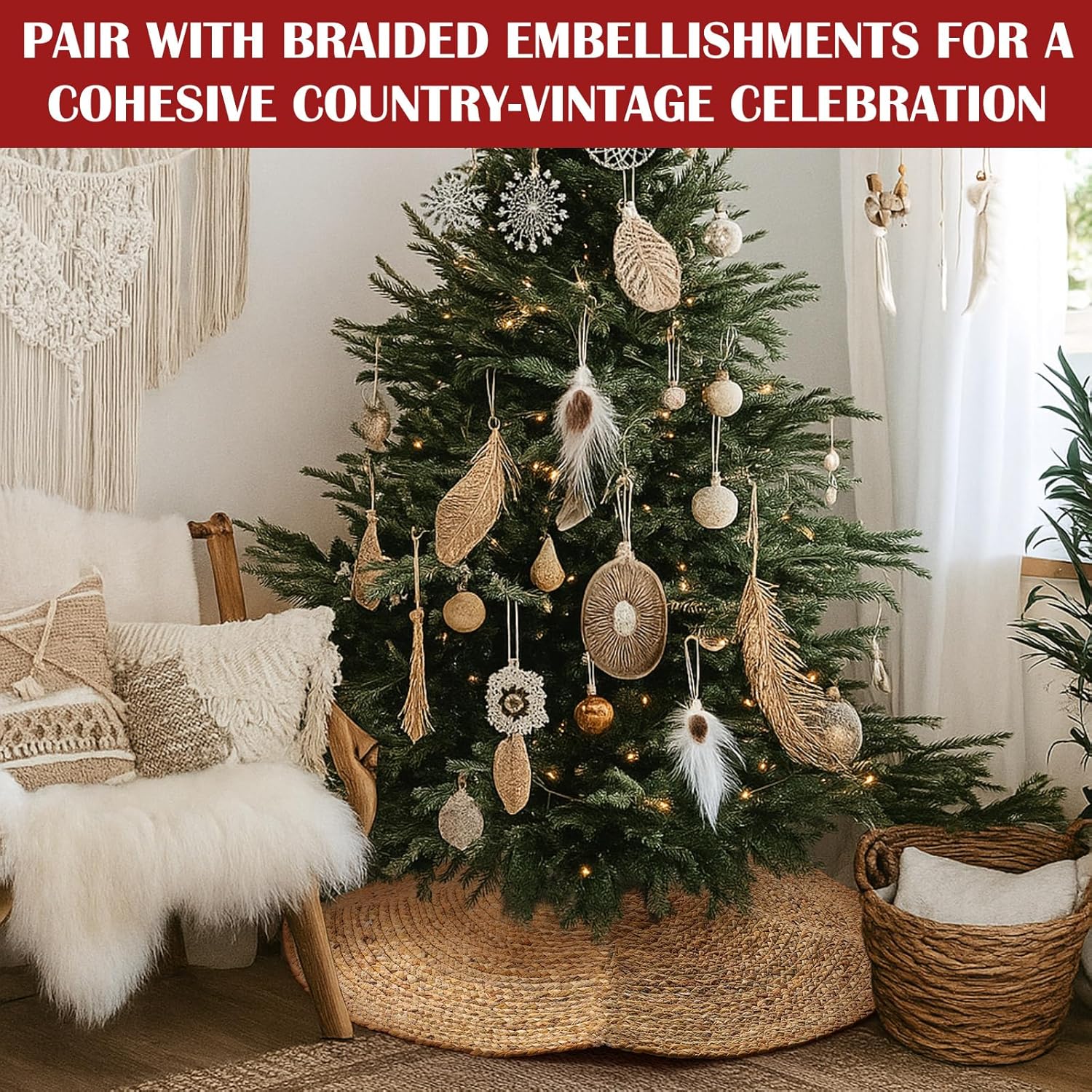 36 Inch Rattan Wicker Christmas Tree Skirt Hyacinthus Woven Natural Rustic Farmhouse Xmas Tree Skirt Decoration for Christmas Home Xmas Holiday Party Decor