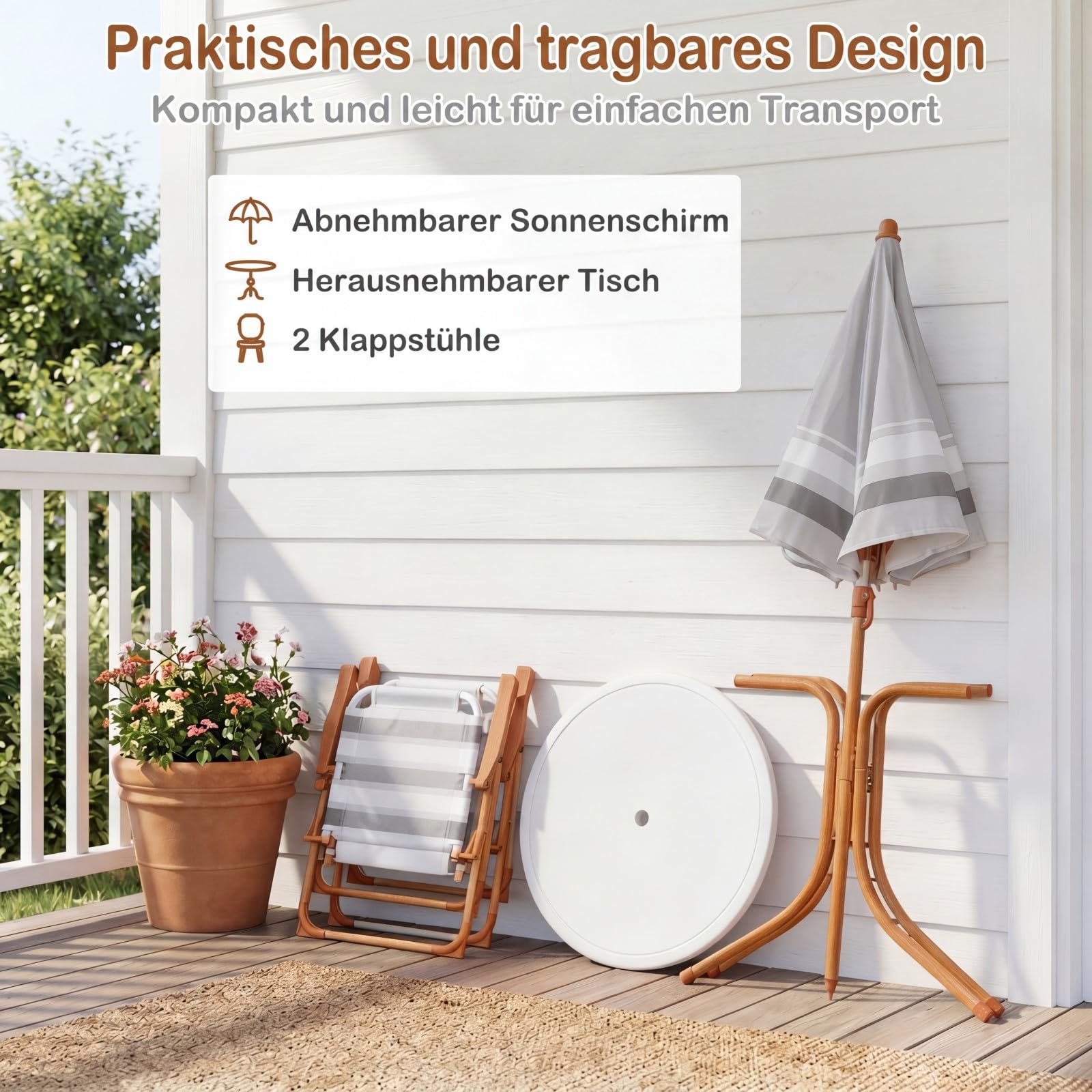 COSTWAY Kindersitzgruppe mit höhenverstellbarem Sonnenschirm, 4 TLG. Kindersitzgarnitur mit Tisch & 2 Klappstühlen, Kinder Picknicktisch Outdoor, Kinder Gartenmöbel für Terrasse, Strand (Natur)