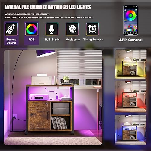 Vista 3 de Unikito Archivador con luces LED y tomas de corriente, soporte rodante para impresora con puertos de almacenamiento y carga USB, archivador lateral