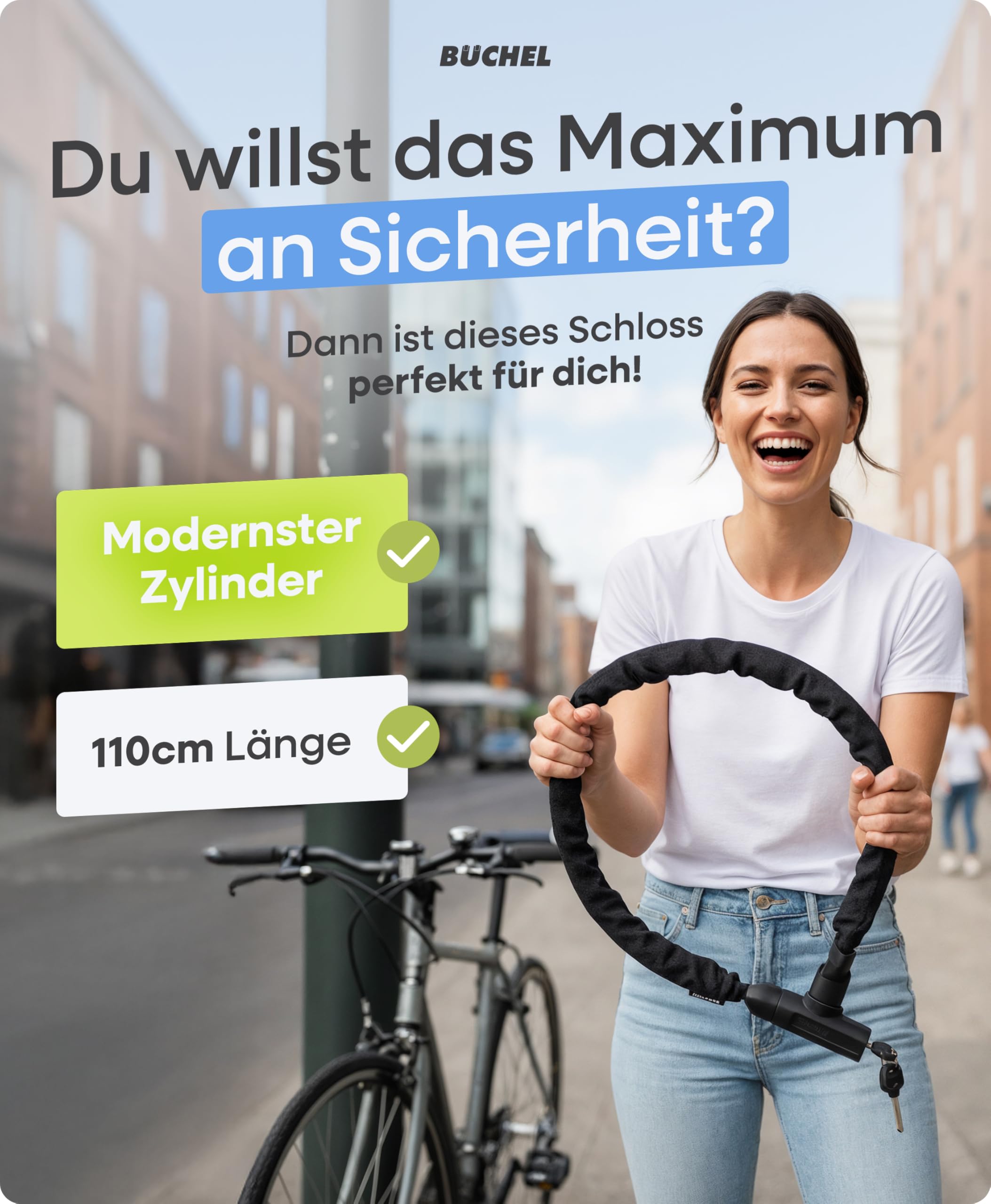 BÜCHEL Sekura - Lucchetto per bicicletta ad alta sicurezza, 90 cm, con disc Detainer Lock, in acciaio temprato da 8 mm, catena per e-bike, biciclette, scooter & Co per città, scuola, lavoro, tempo
